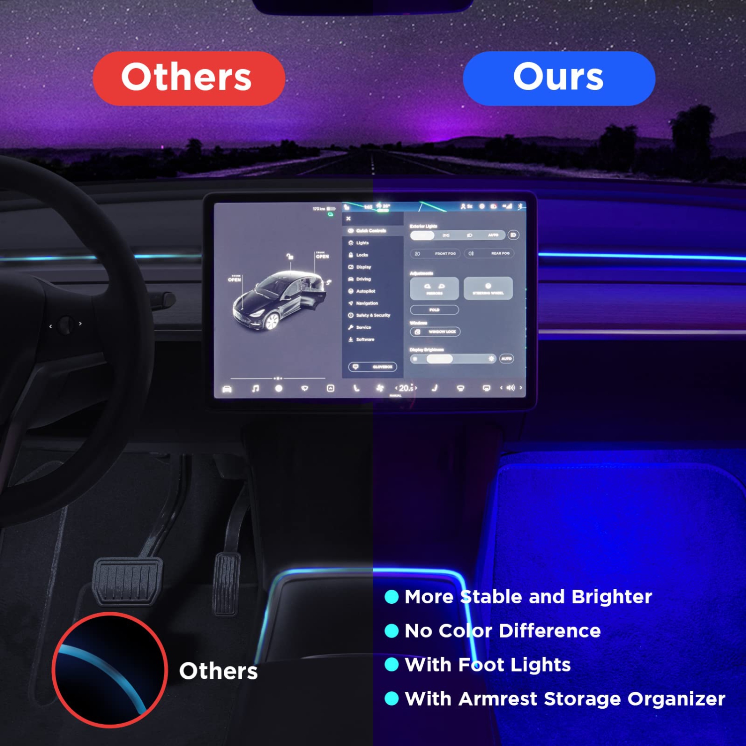 2021 2022 Tesla Model 3 Y Interior Car Neon Lights(Center Console+Dashboard+2 Foot Lights) with Matching Armrest Organizer, Tesla Ambient Lighting,
