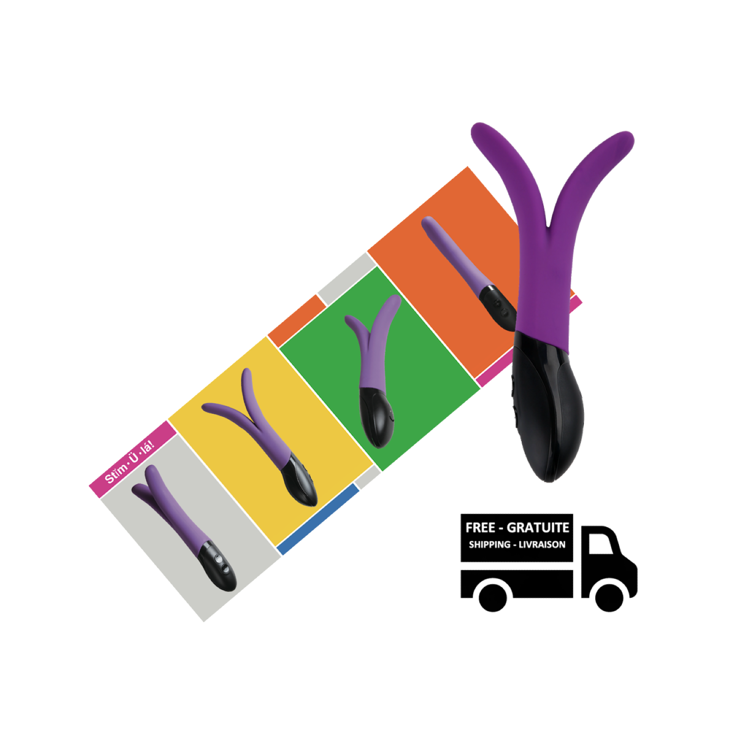 Vibromasseur magnétique rechargeable unisexe en forme de V avec 10 fonctions variables offert dans un emballage discret de Stimula V-Joy