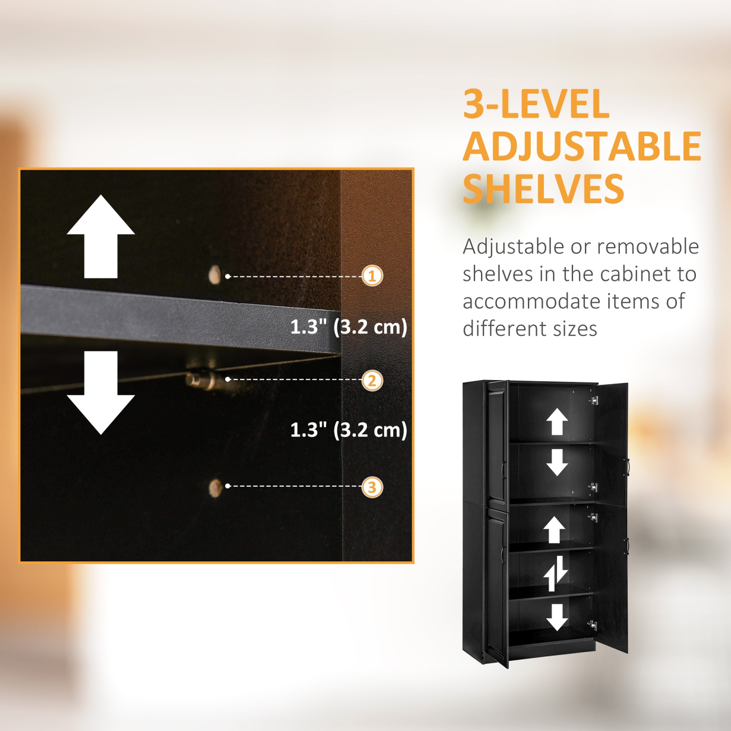 HOMCOM 71" Tall Kitchen Pantry Cabinet, Freestanding Storage Cupboard with 4 Hinged Doors and Adjustable Shelves, Black