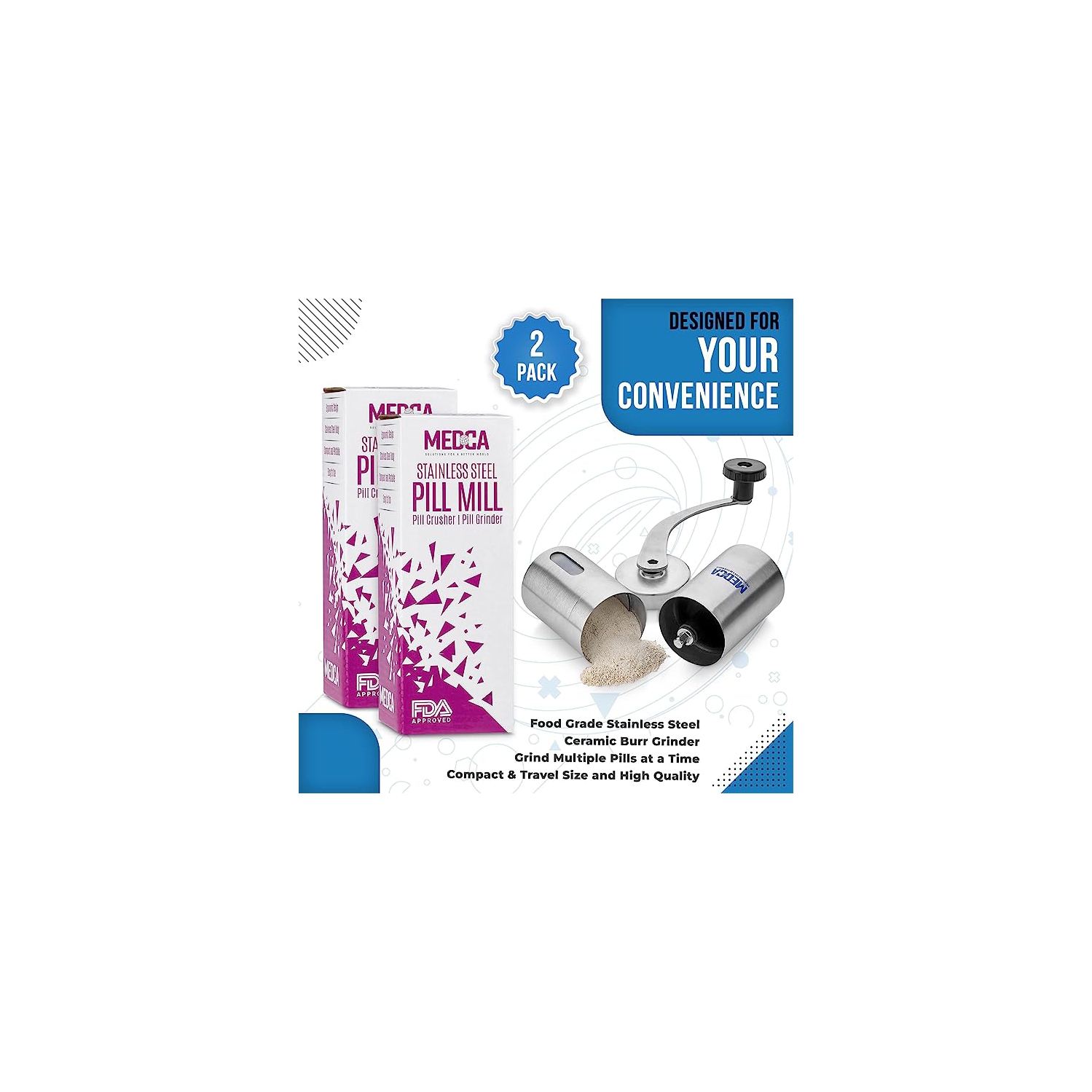 Pill Grinder - 2 Pack Pro Pill Crusher and Cutter That Grinds Your Pills and Tablets to Help Make Taking Medication and Supplements Easier, Manual