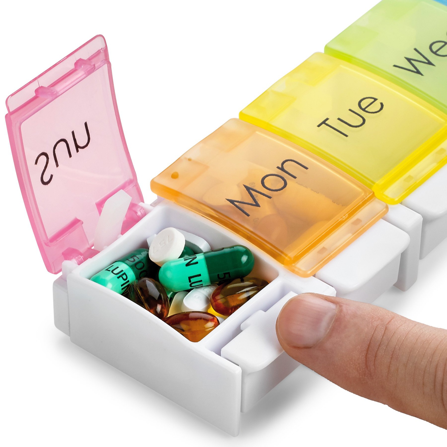7 Day Pill Organizer - with Push Button Assisted Open a Daily Travel Pill Box Case Planner and Large Compartments for Medication Vitamins Fish Oil &