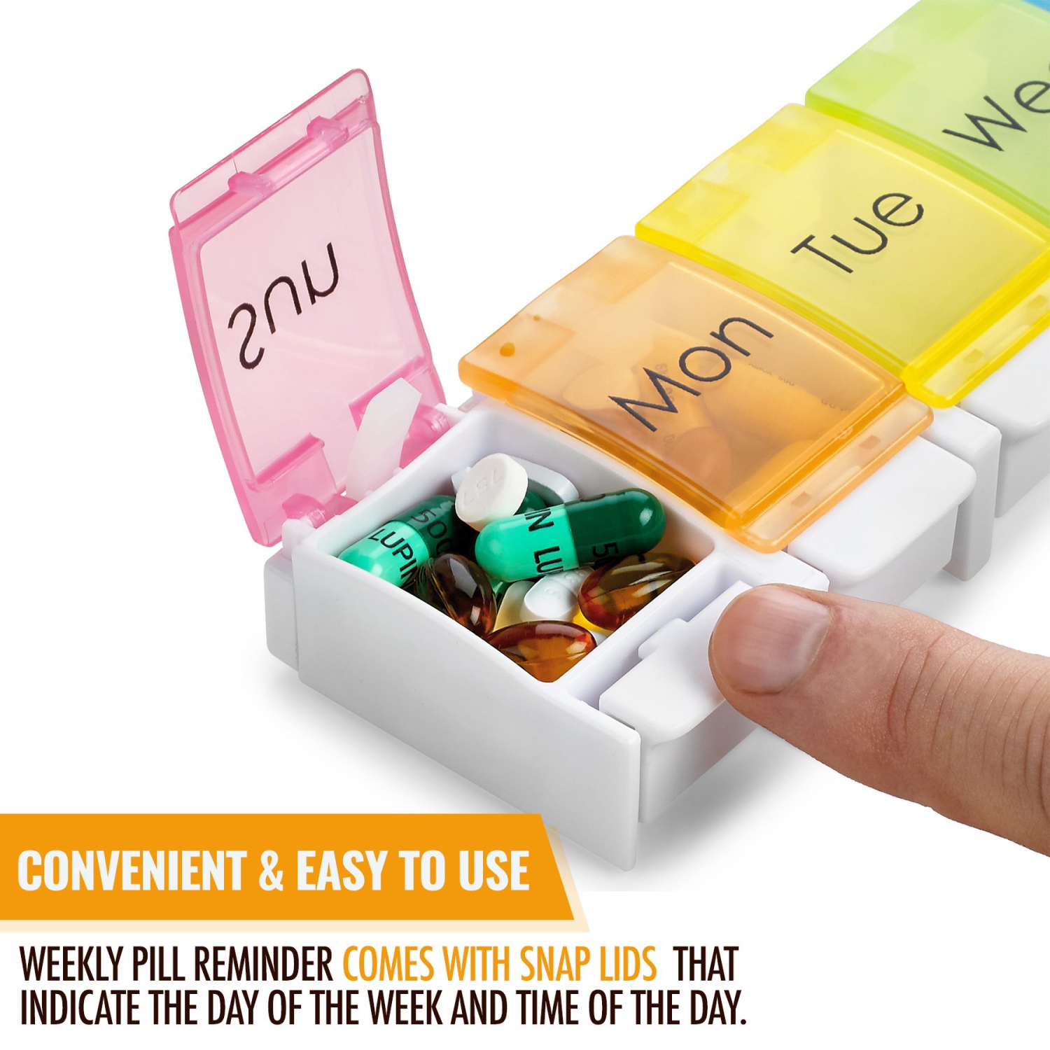 7 Day Pill Organizer - with Push Button Assisted Open a Daily Travel Pill Box Case Planner and Large Compartments for Medication Vitamins Fish Oil &