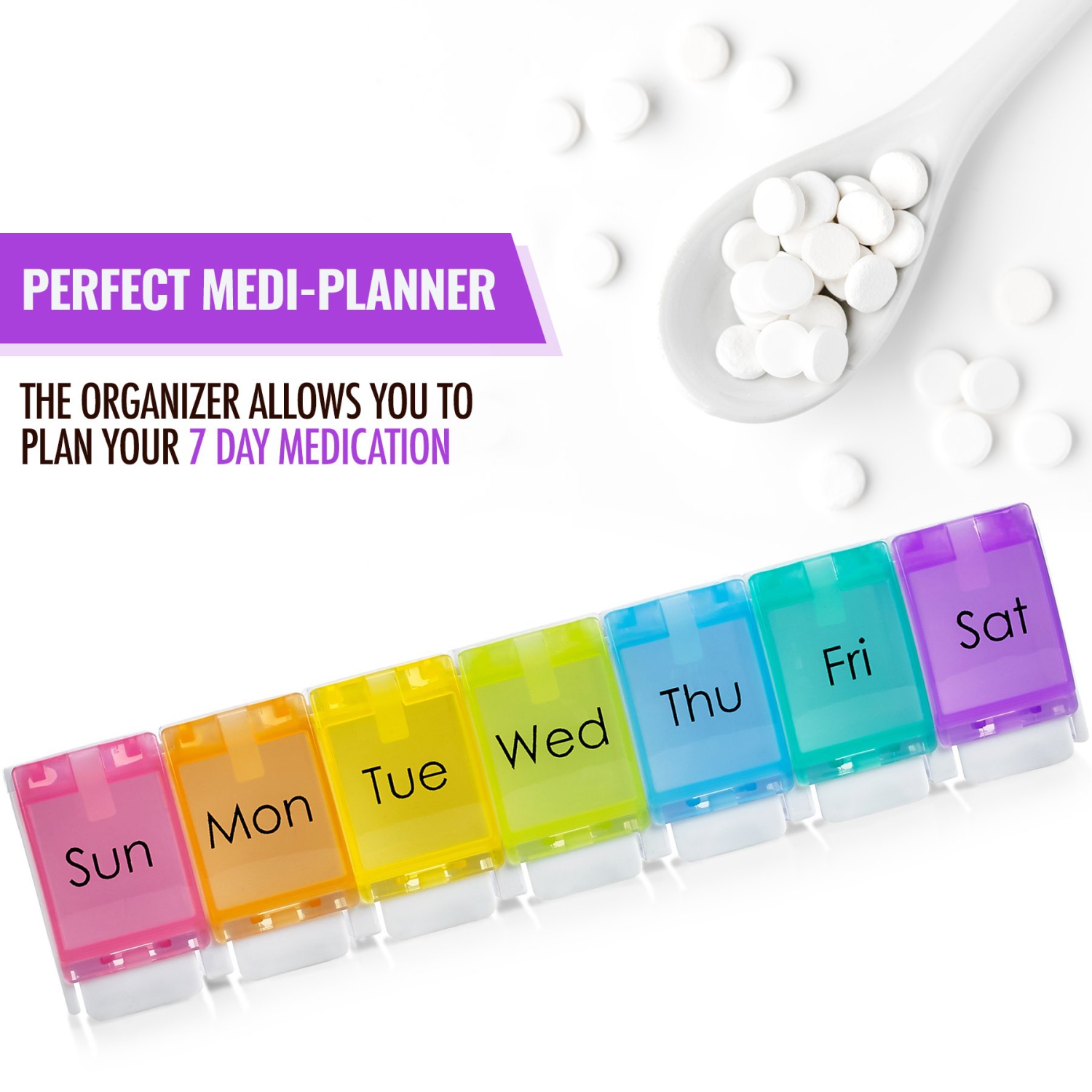 7 Day Pill Organizer - with Push Button Assisted Open a Daily Travel Pill Box Case Planner and Large Compartments for Medication Vitamins Fish Oil &