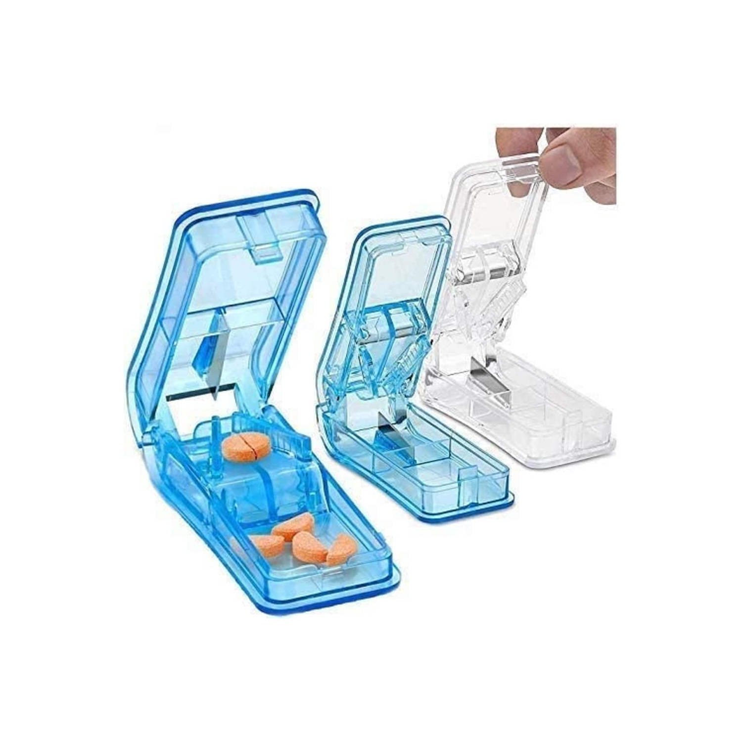 Pill Cutter - - V- Grip Pill Crusher and Cutter for Vitamins, Big & Small Pills, and Medication - Transparent Pill Splitter with Pill Holder Case to