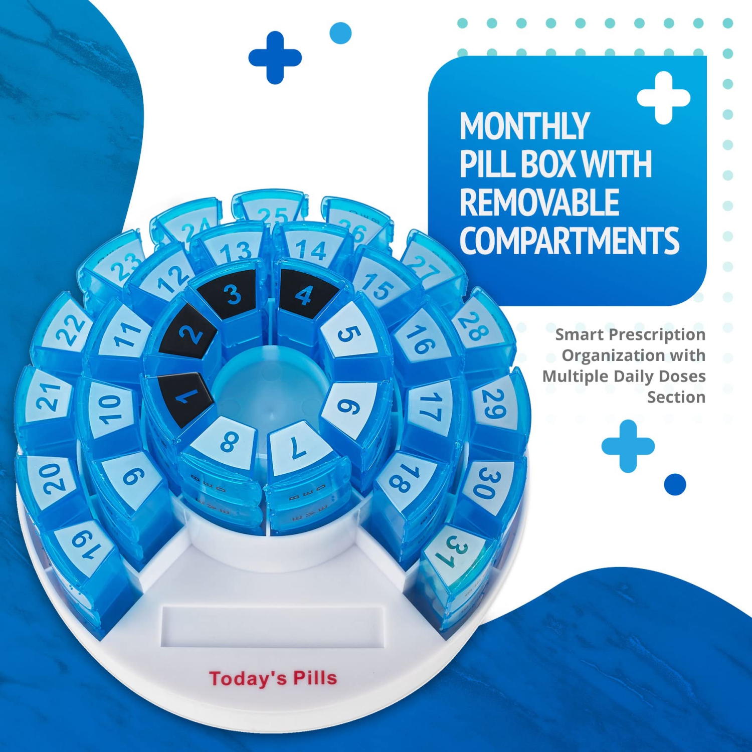 Pilulier mensuel par MEDca - Organisation de prescription intelligente avec section de doses quotidiennes multiples, compartiments amovibles parfaits