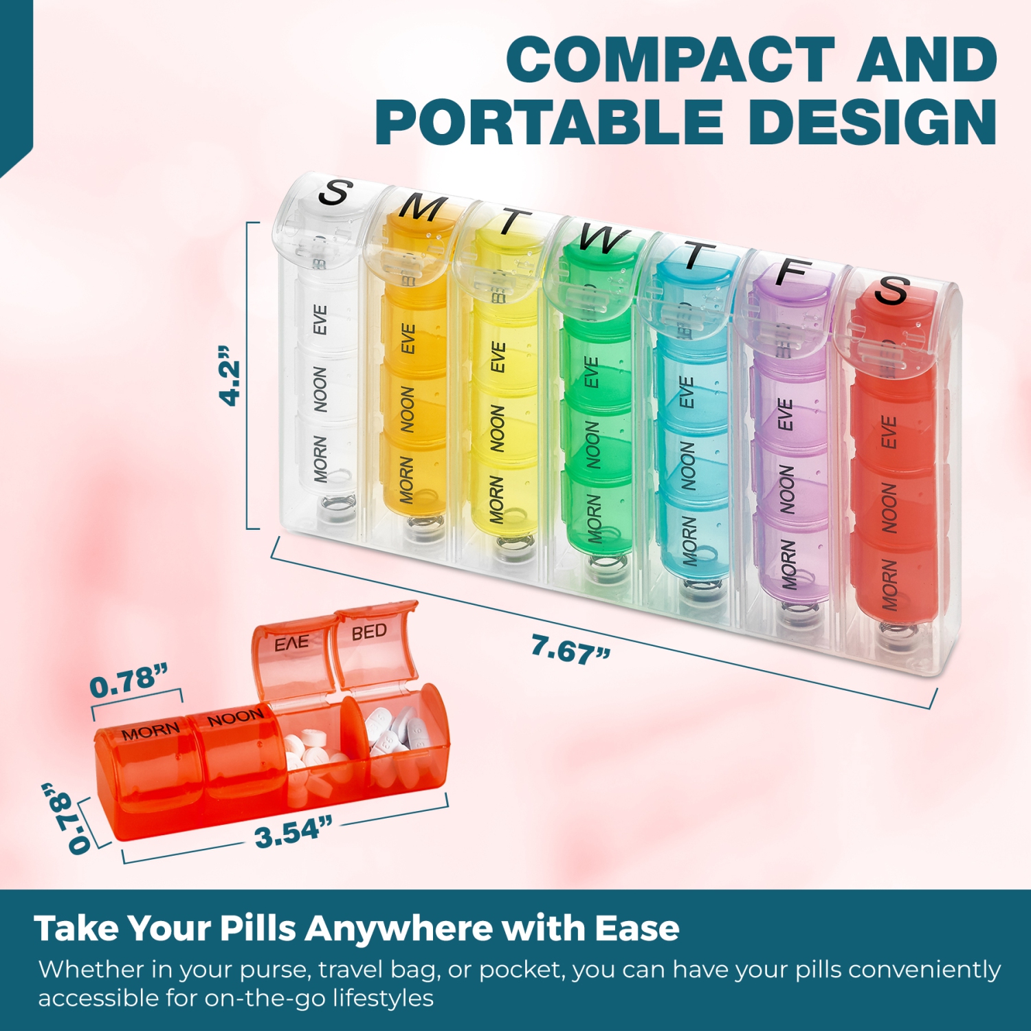 Weekly Pill Organizer - Pill Planners for Pills and Vitamins Day Week, 4 Times-a-Day Medication Reminder, AM PM Compartments Monday to Sunday for