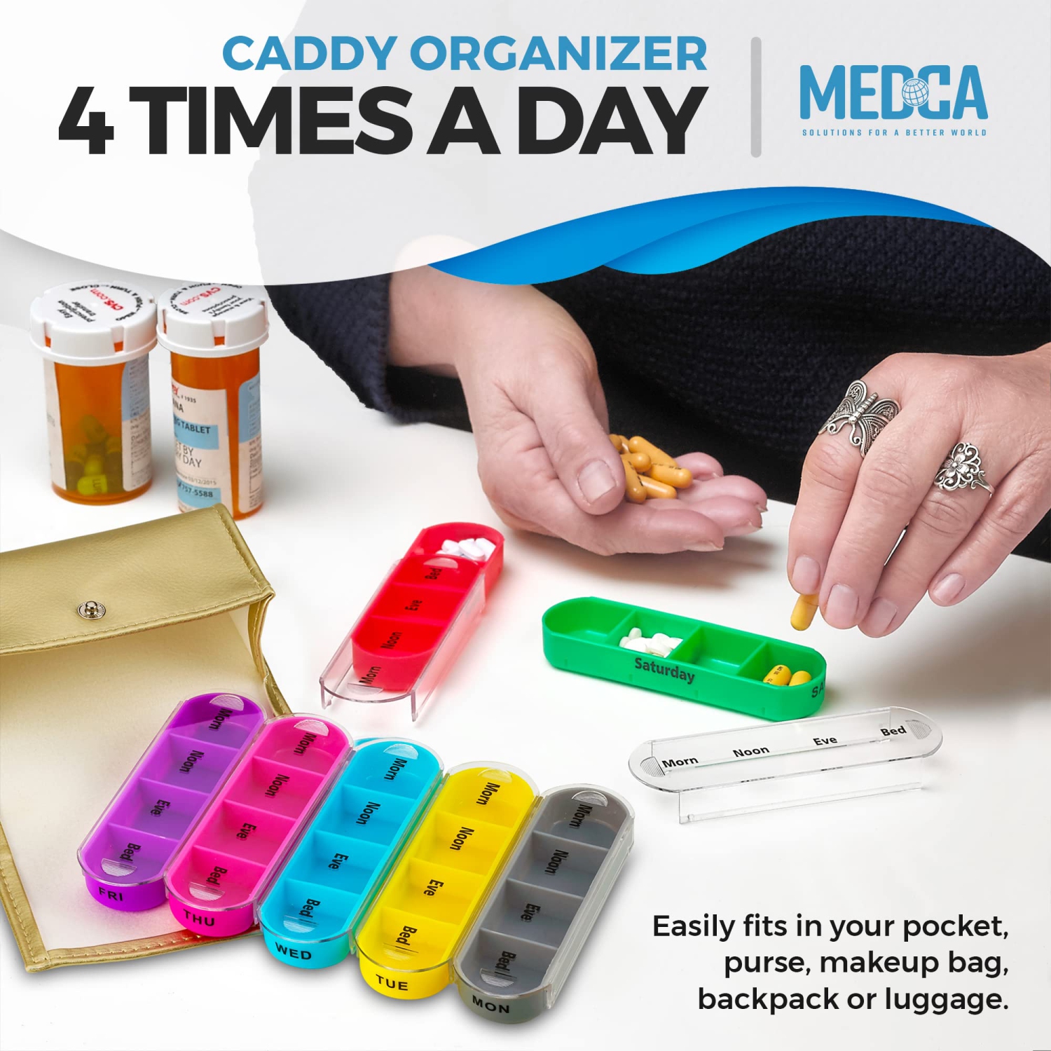 Weekly Travel Pill Organizer - Prescription and Medication Wallet Pill Box Reminder, Pill Container Dispenser Case, Vitamin Caddy Organizer, for 4