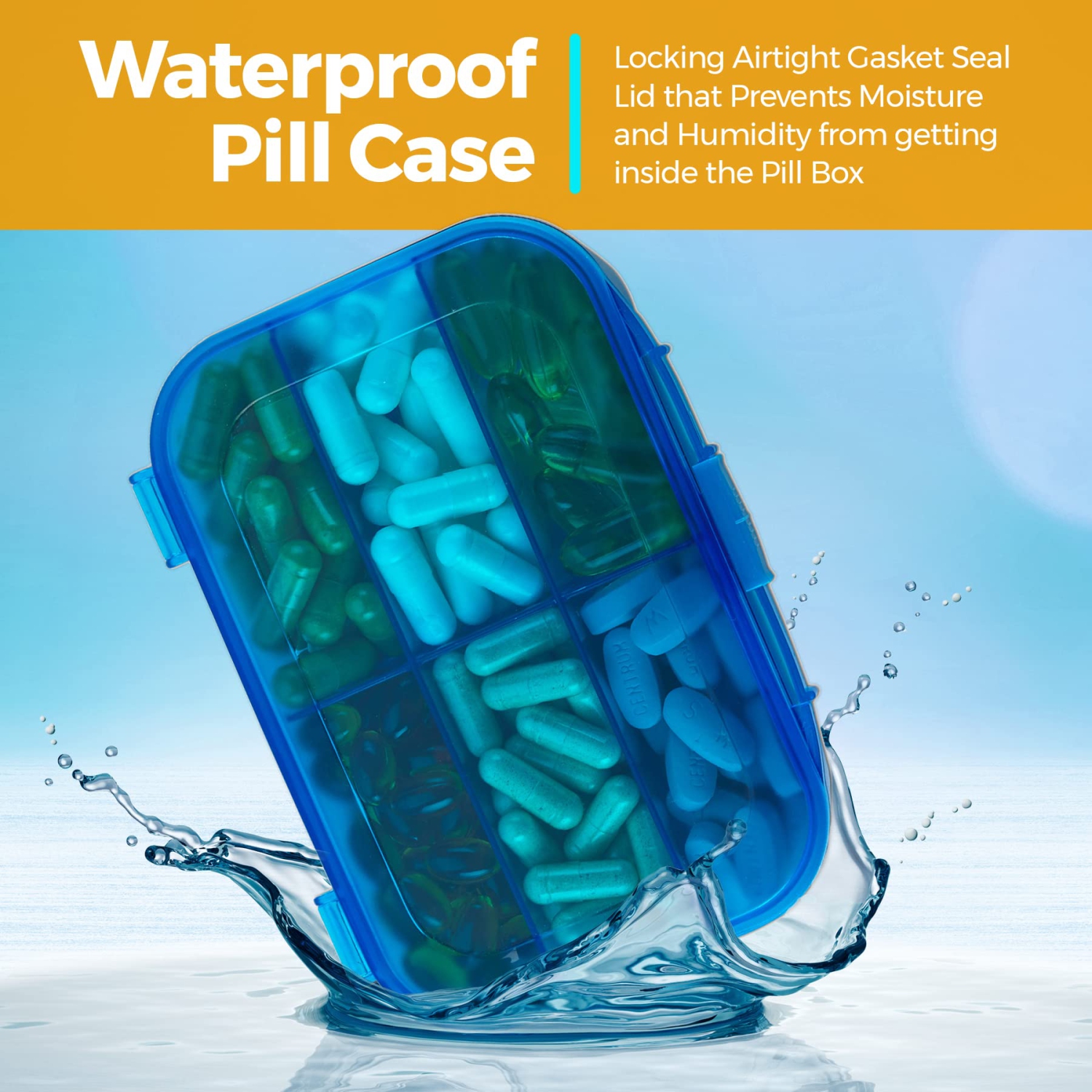 Pill Organizer Case - Portable 6 Compartment Daily Travel Medicine Reminder Box for Your Pills, Medications, Supplements, Vitamins and Fish Oils, Blue