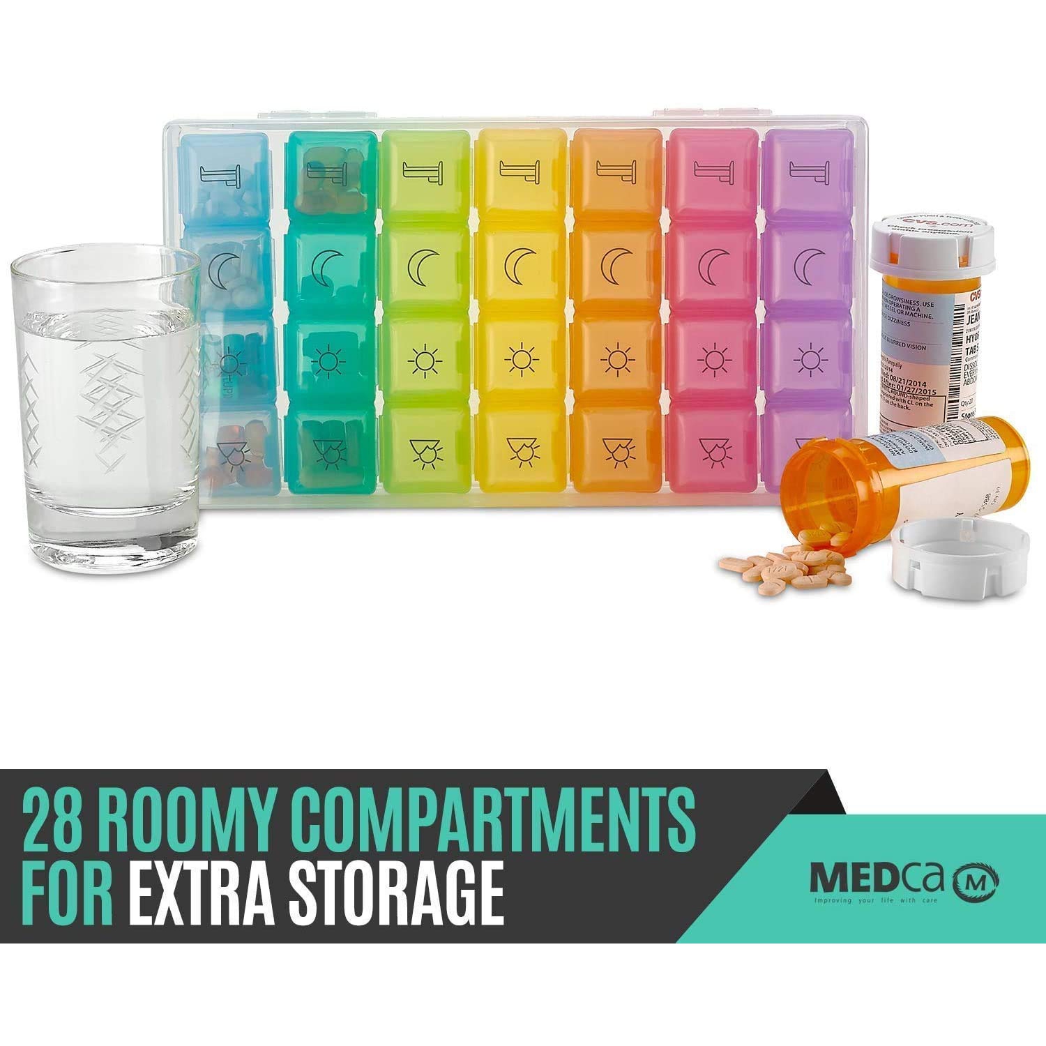 Weekly Pill Organizer - 4 Compartment Am/pm Pill Box, 7 Day Large Travel Medication Dispenser Case for Vitamins and Medicines by MEDca