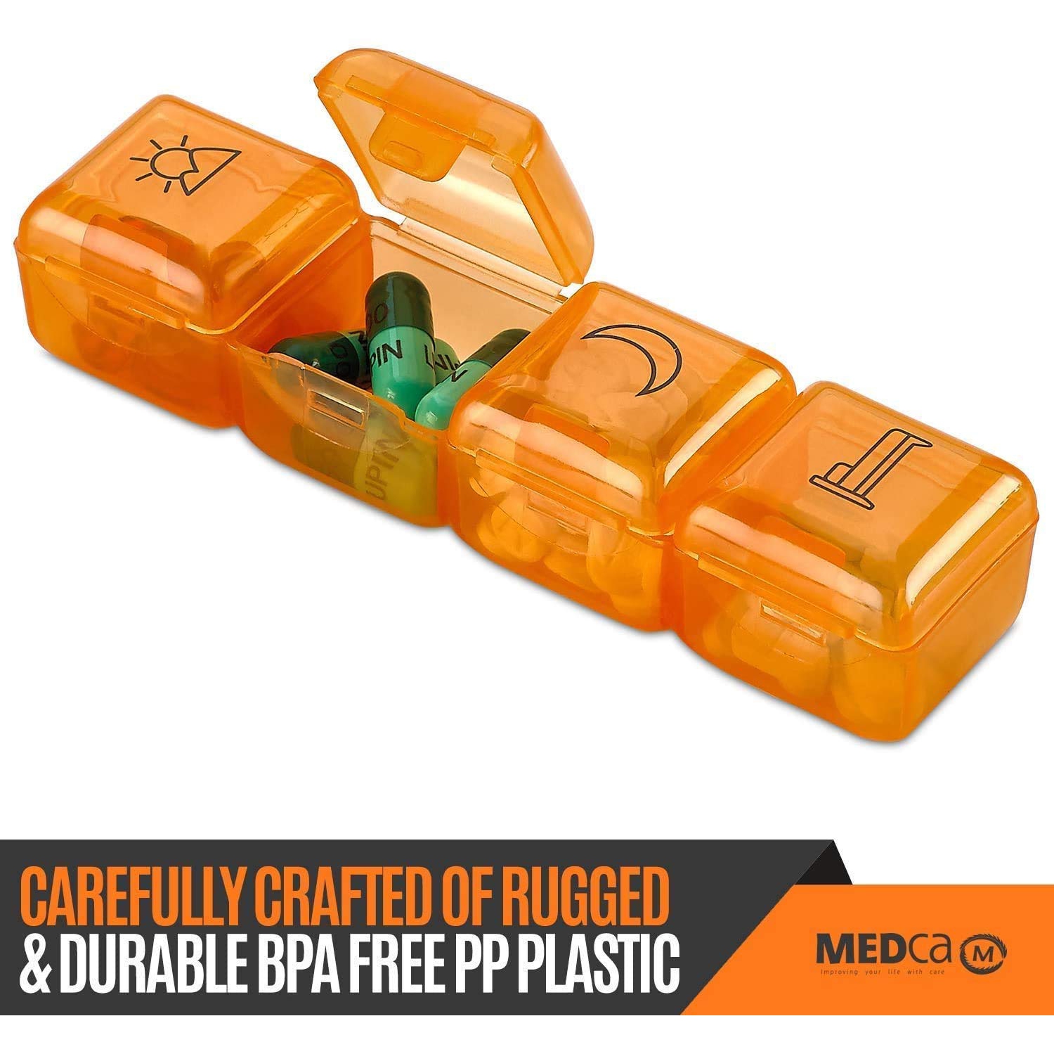 Weekly Pill Organizer - 4 Compartment Am/pm Pill Box, 7 Day Large Travel Medication Dispenser Case for Vitamins and Medicines by MEDca