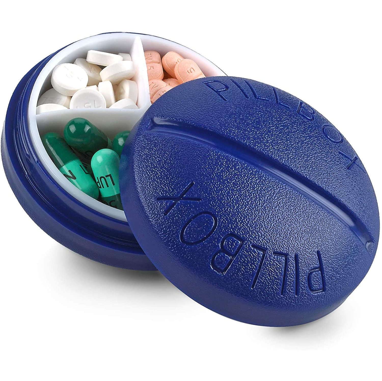 Pill Box Round for Travel - Mini Compact Portable 4 Compartment Pills Case Organizer, Vitamin and Medication Dispenser Holder for Up to 4 Times A Day