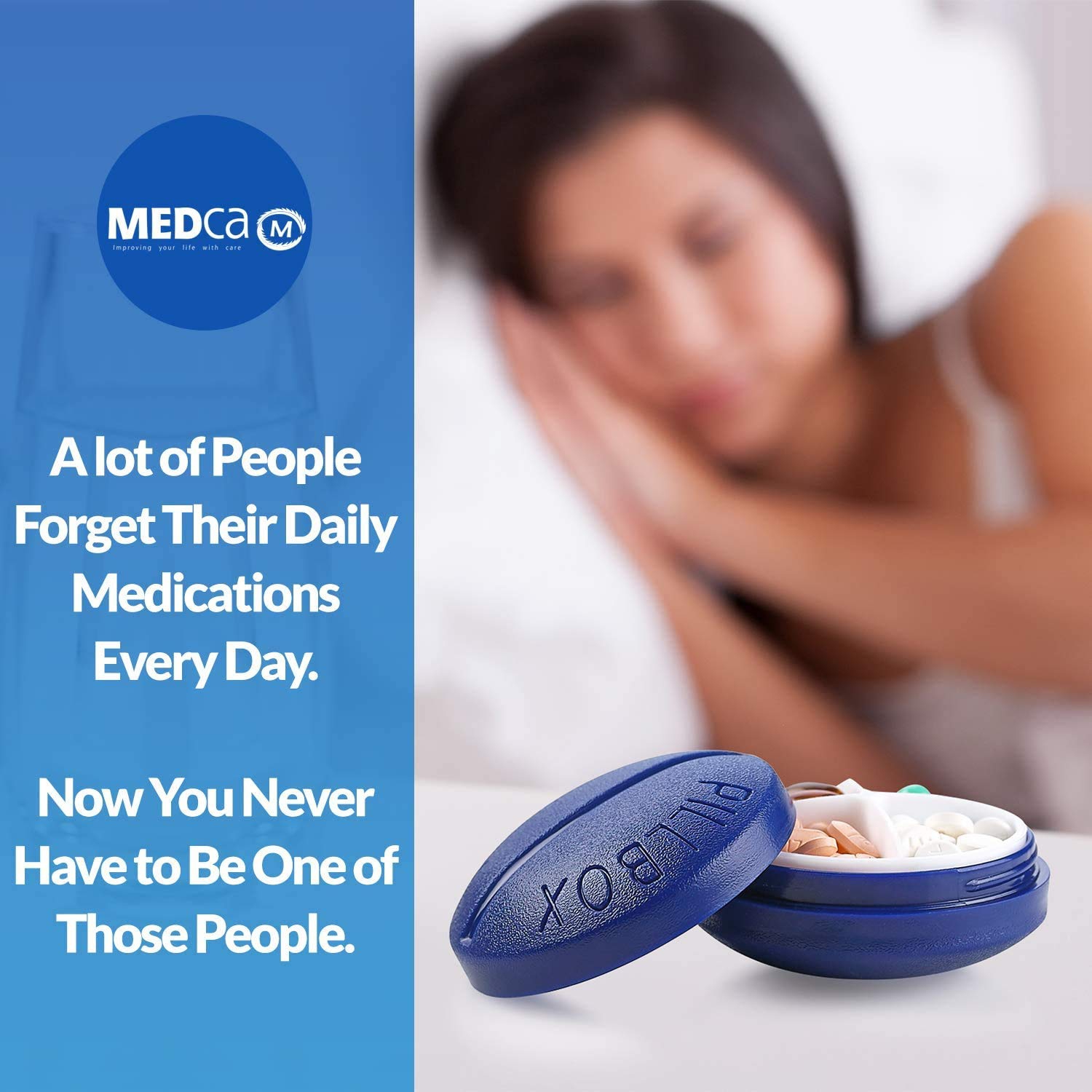 Pill Box Round for Travel - Mini Compact Portable 4 Compartment Pills Case Organizer, Vitamin and Medication Dispenser Holder for Up to 4 Times A Day