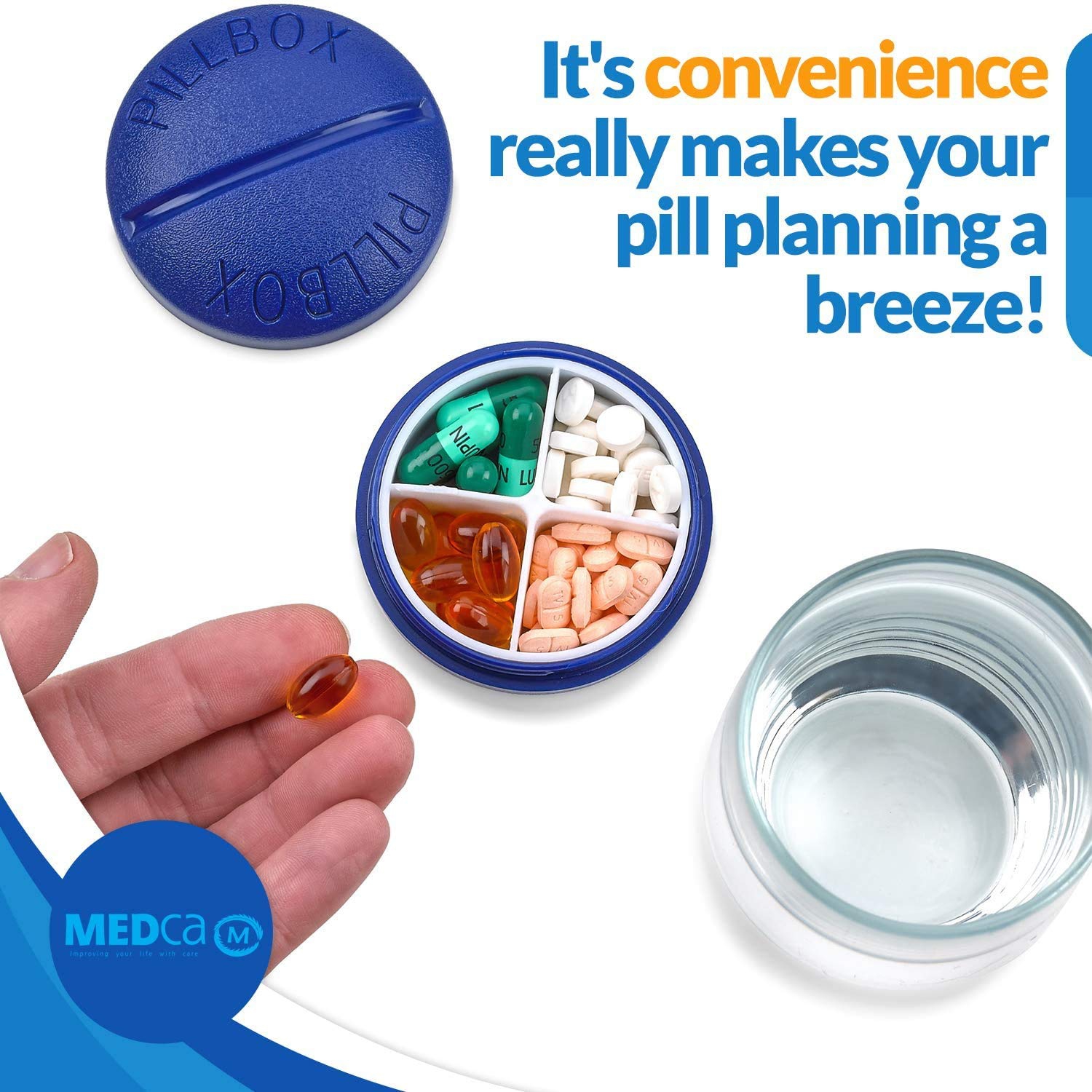 Pill Box Round for Travel - Mini Compact Portable 4 Compartment Pills Case Organizer, Vitamin and Medication Dispenser Holder for Up to 4 Times A Day