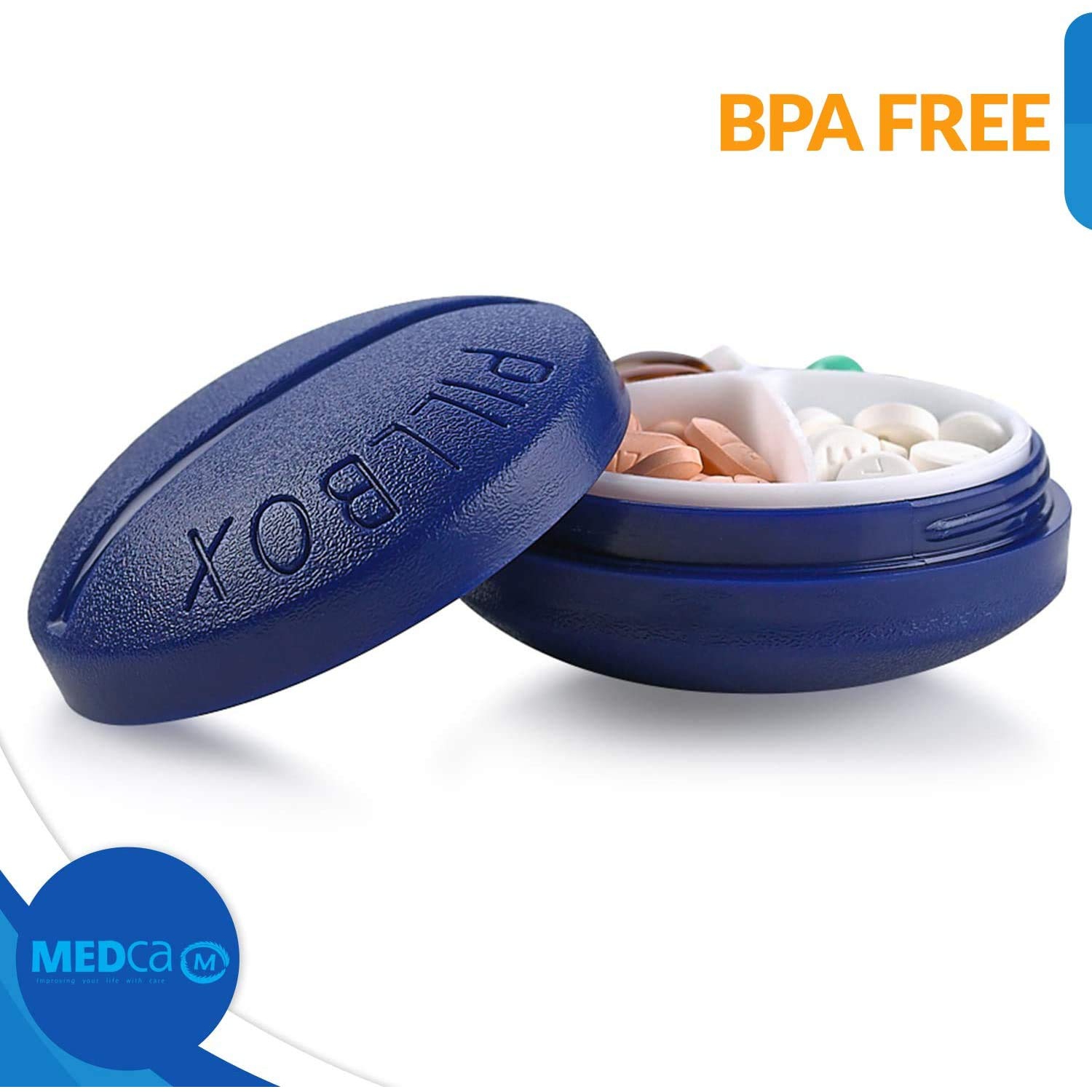 Pill Box Round for Travel - Mini Compact Portable 4 Compartment Pills Case Organizer, Vitamin and Medication Dispenser Holder for Up to 4 Times A Day