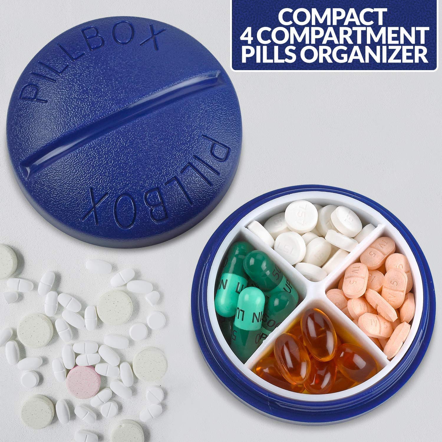 Pill Box Round for Travel - Mini Compact Portable 4 Compartment Pills Case Organizer, Vitamin and Medication Dispenser Holder for Up to 4 Times A Day