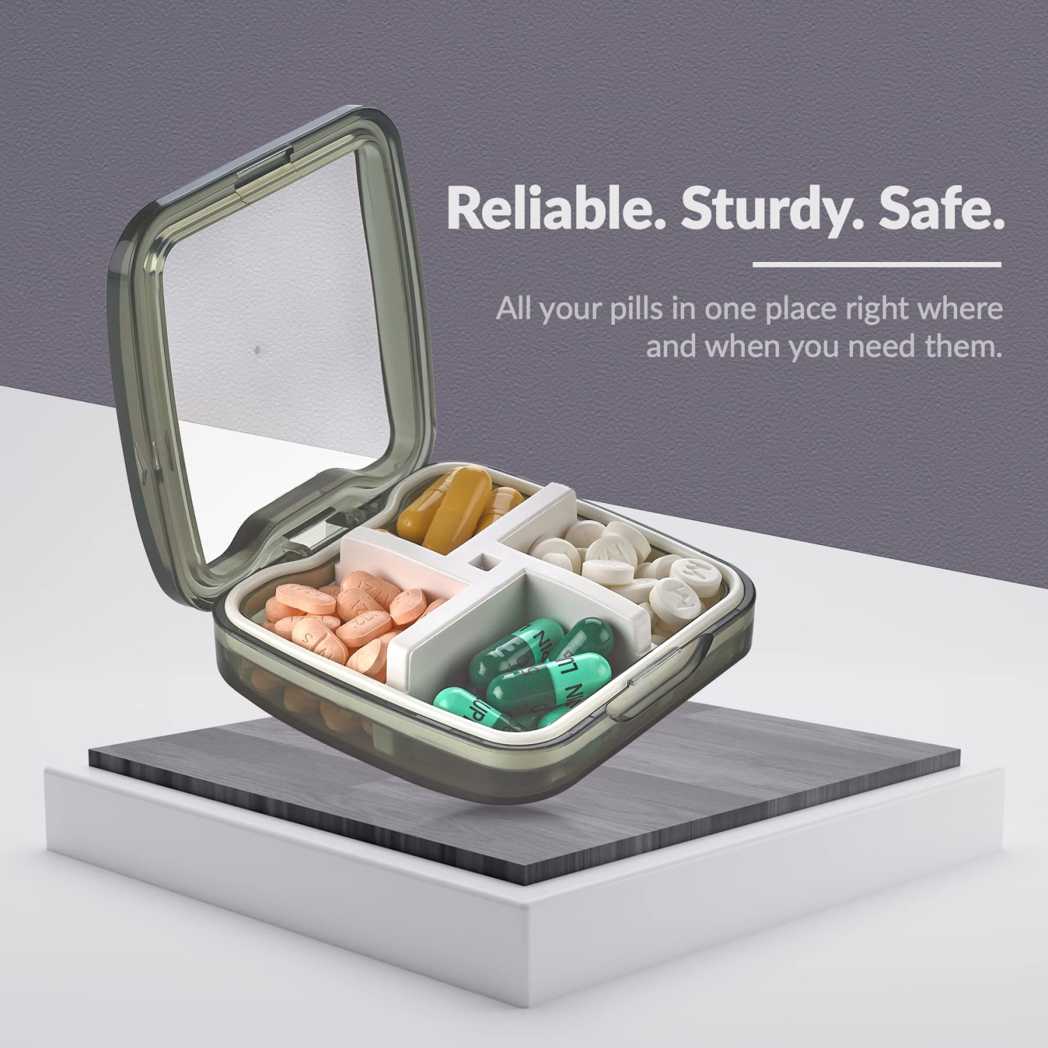 Pilulier compact Pill Box - Organisateur portatif étanche pour médecine et contenant quotidien avec séparateur amovible à 4 compartiments - Étui