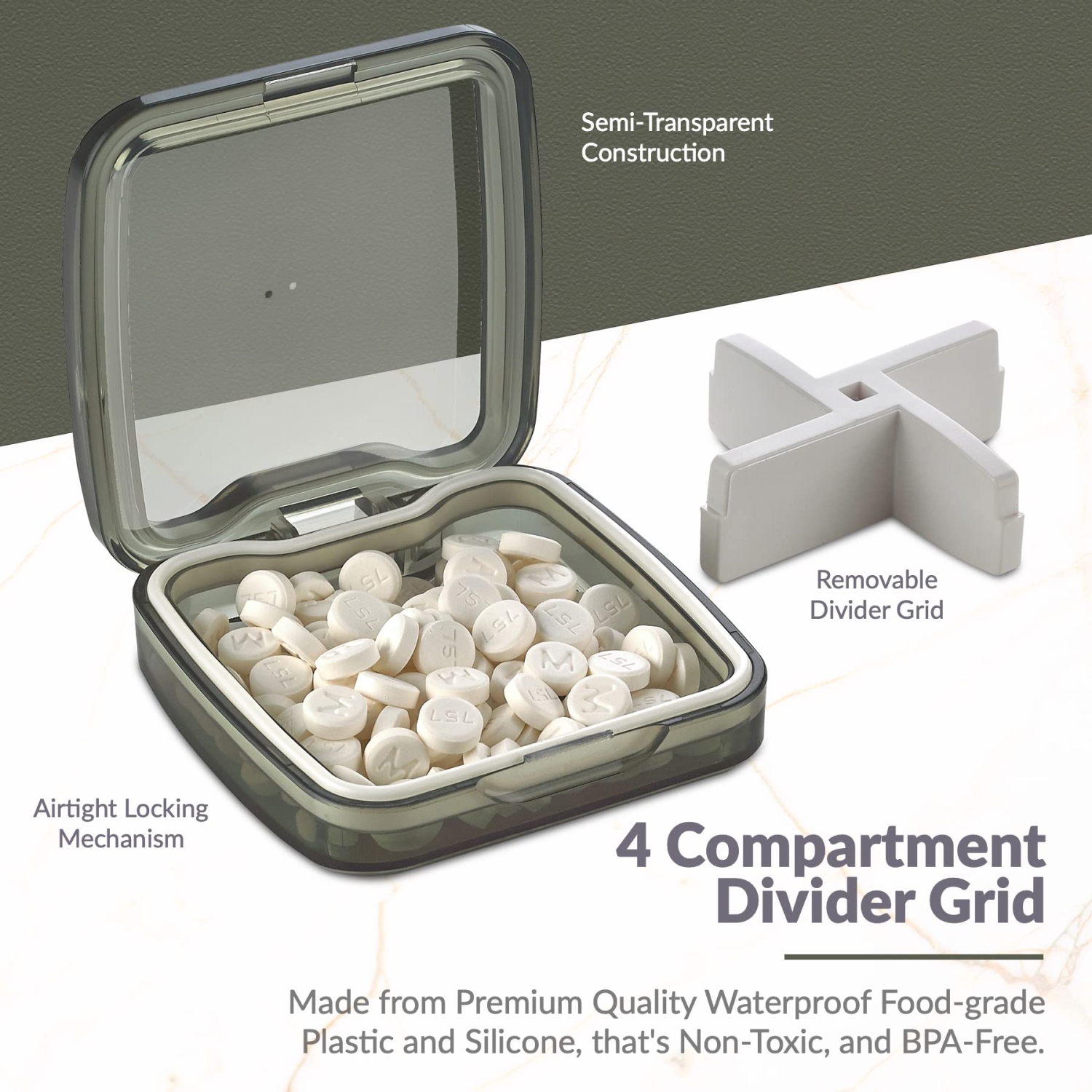 Pilulier compact Pill Box - Organisateur portatif étanche pour médecine et contenant quotidien avec séparateur amovible à 4 compartiments - Étui