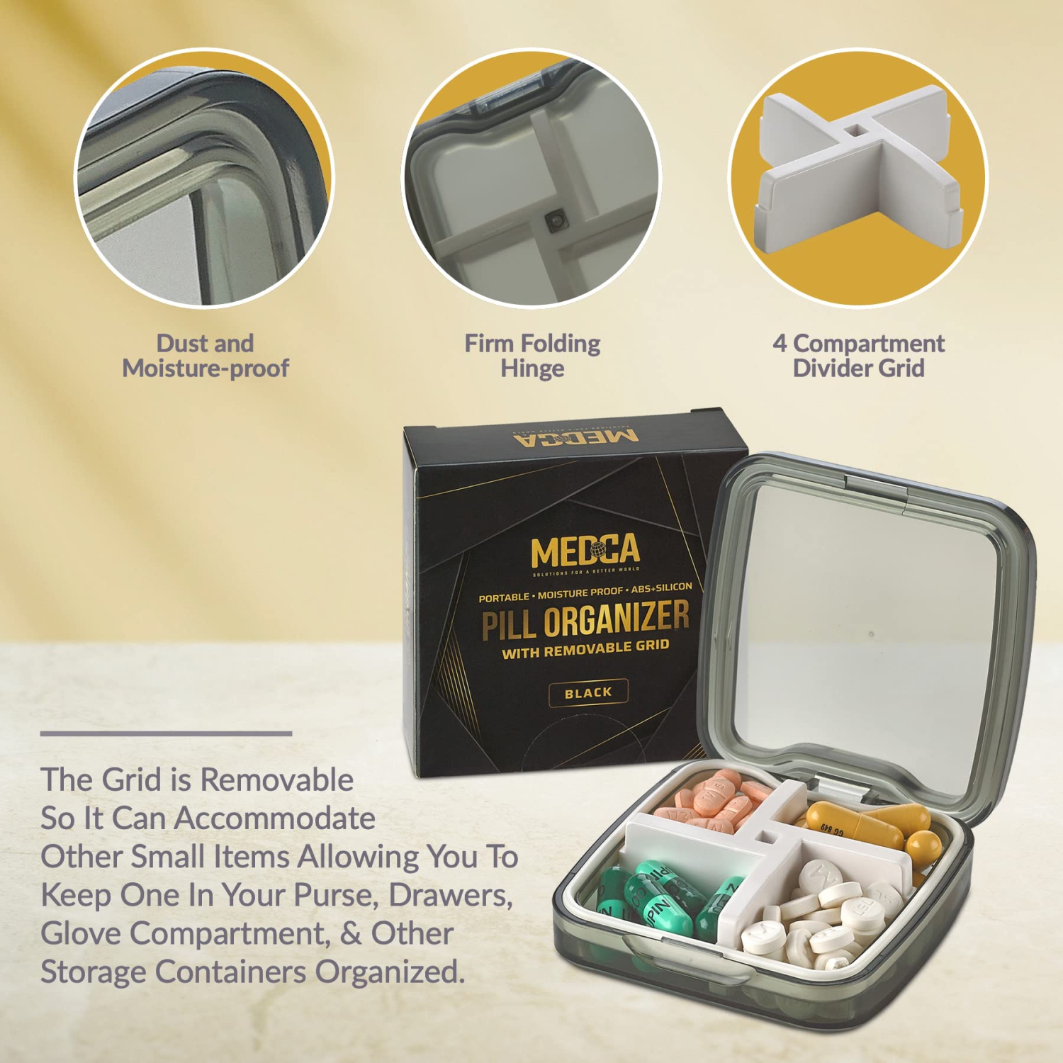 Pilulier compact Pill Box - Organisateur portatif étanche pour médecine et contenant quotidien avec séparateur amovible à 4 compartiments - Étui