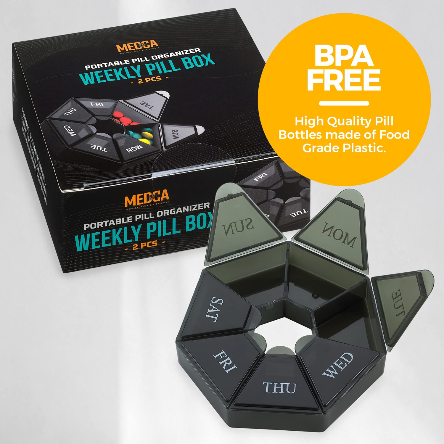 Weekly Pill Organizer - 7-Day Pill Container - Arthritis Friendly Portable & Compact Travel Case Daily Compartment Medicine Pills Box for