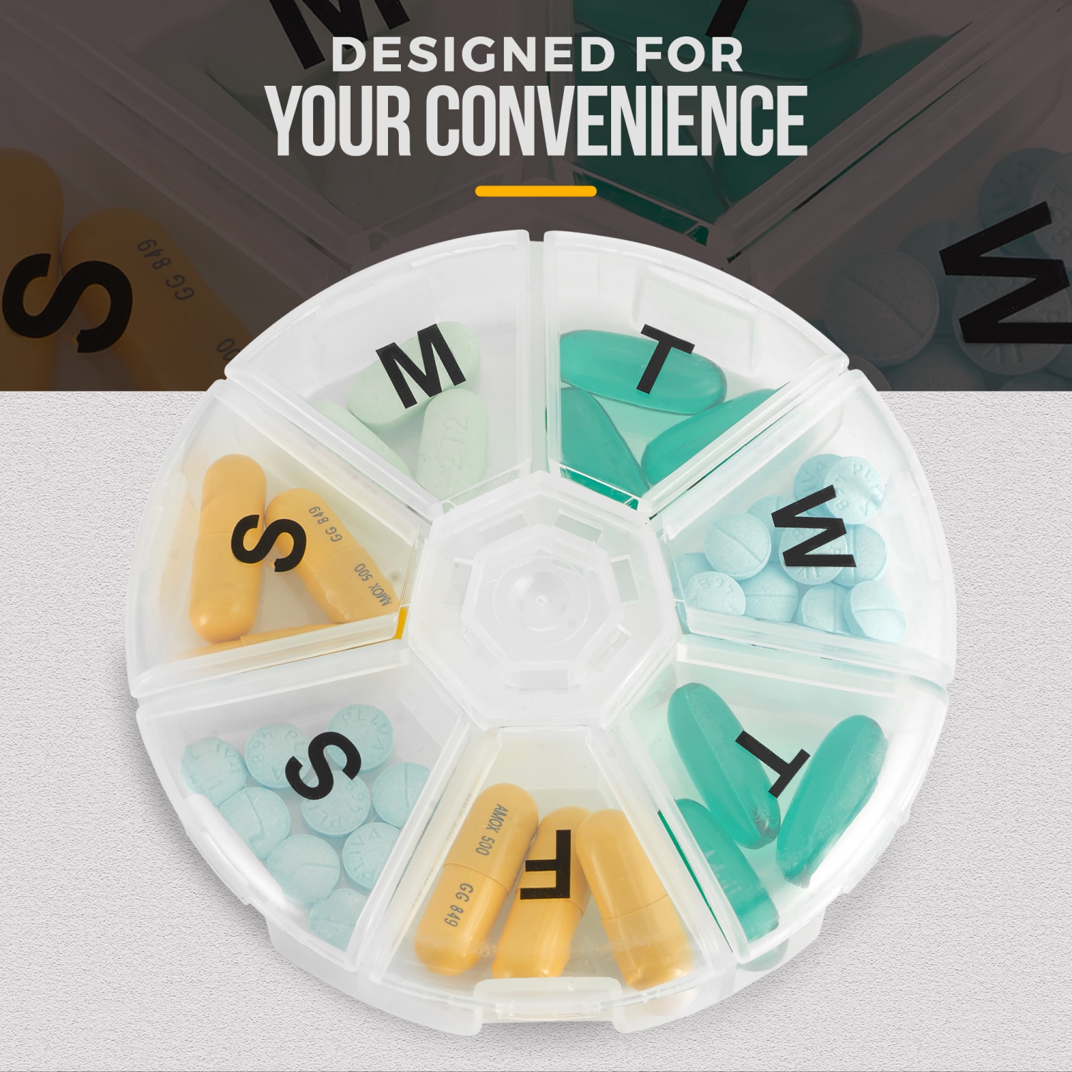 Grand pilulier hebdomadaire – piluliers quotidiens, contenant rond de 7 jours pour piluliers, planificateur de médecine, rappel de comprimés, sans