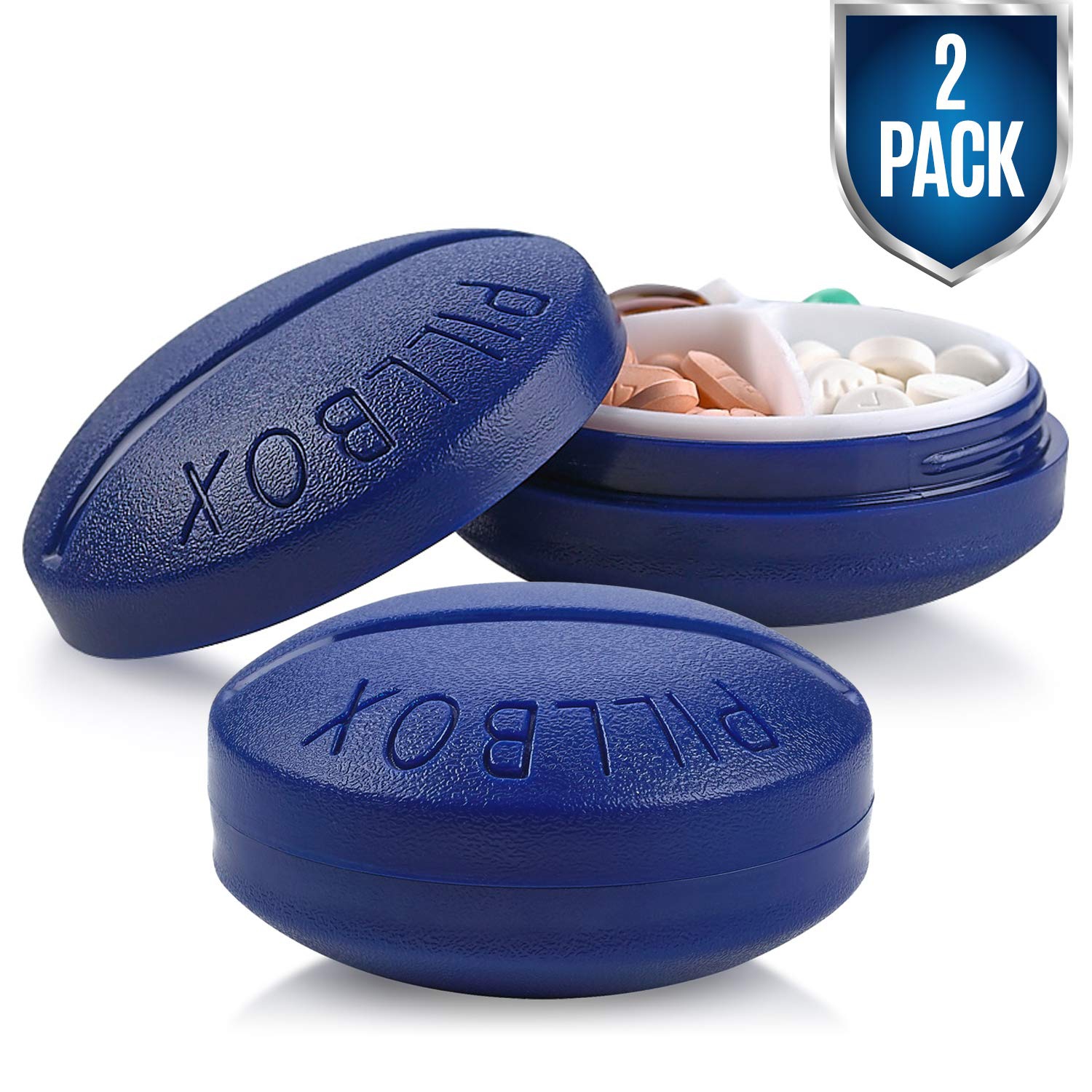 Small Pill Boxes - Pack of 2 - Mini Compact Round Portable 4 Compartment Travel Pills Case Organizer, Vitamin and Medication Dispenser Holder, BPA