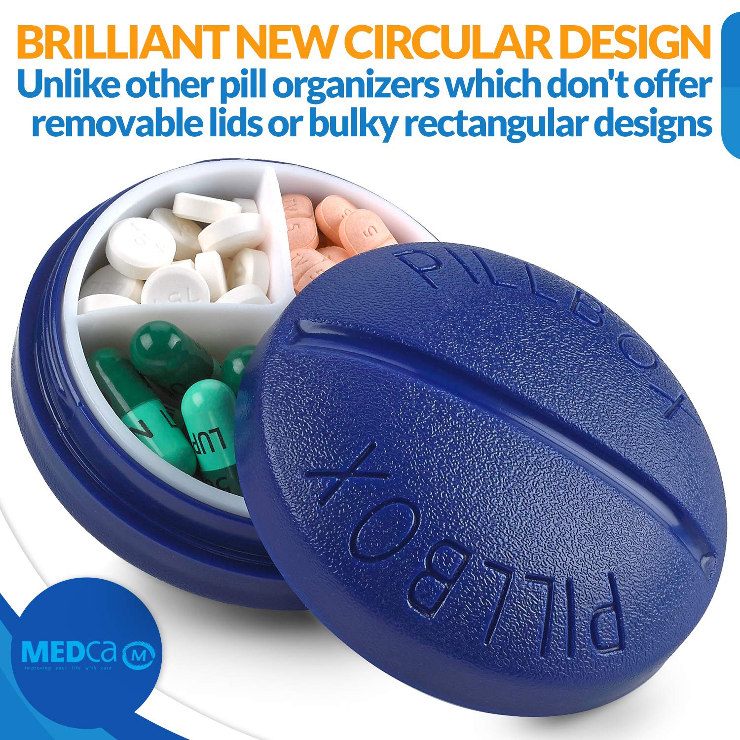 Small Pill Boxes - Pack of 2 - Mini Compact Round Portable 4 Compartment Travel Pills Case Organizer, Vitamin and Medication Dispenser Holder, BPA