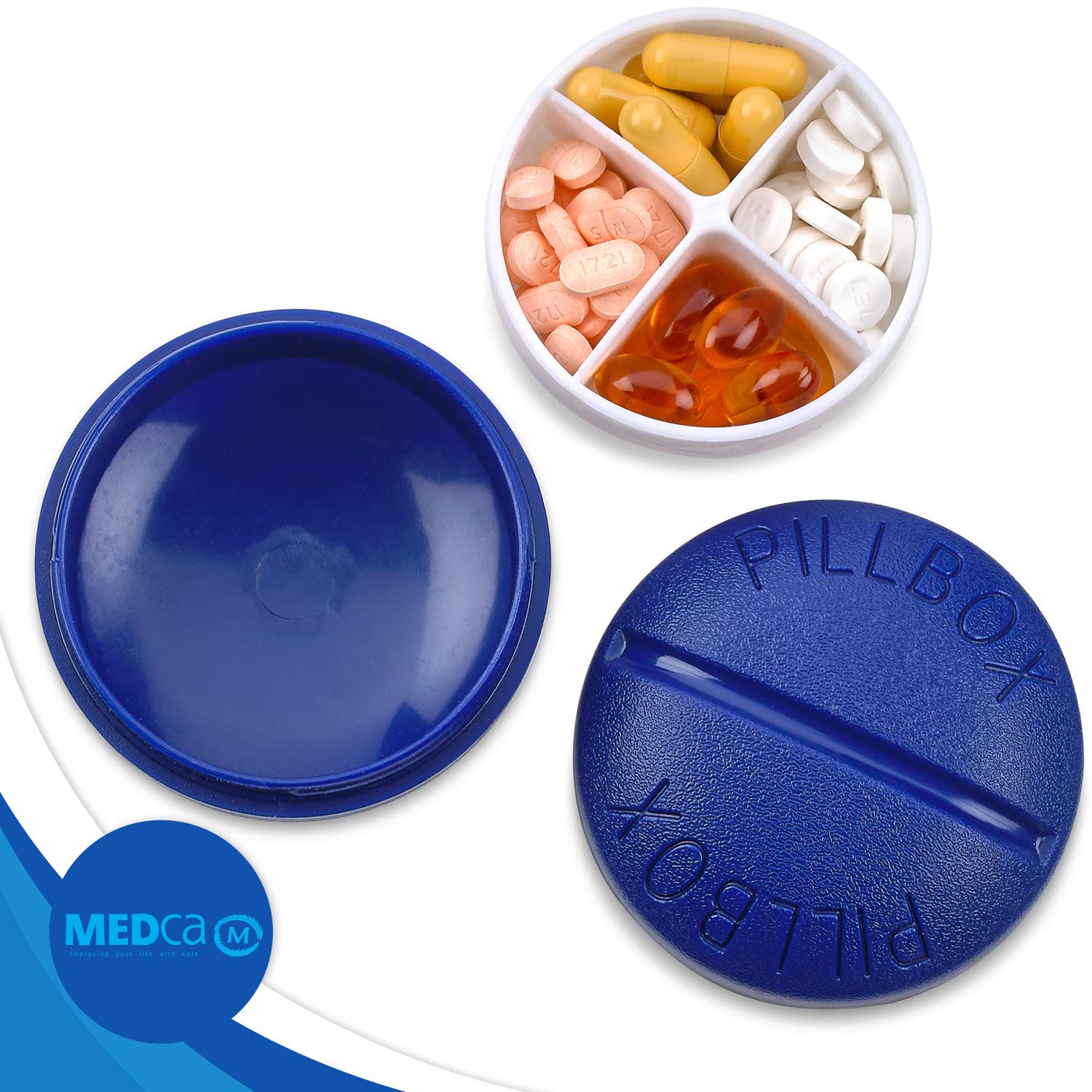 Small Pill Boxes - Pack of 2 - Mini Compact Round Portable 4 Compartment Travel Pills Case Organizer, Vitamin and Medication Dispenser Holder, BPA