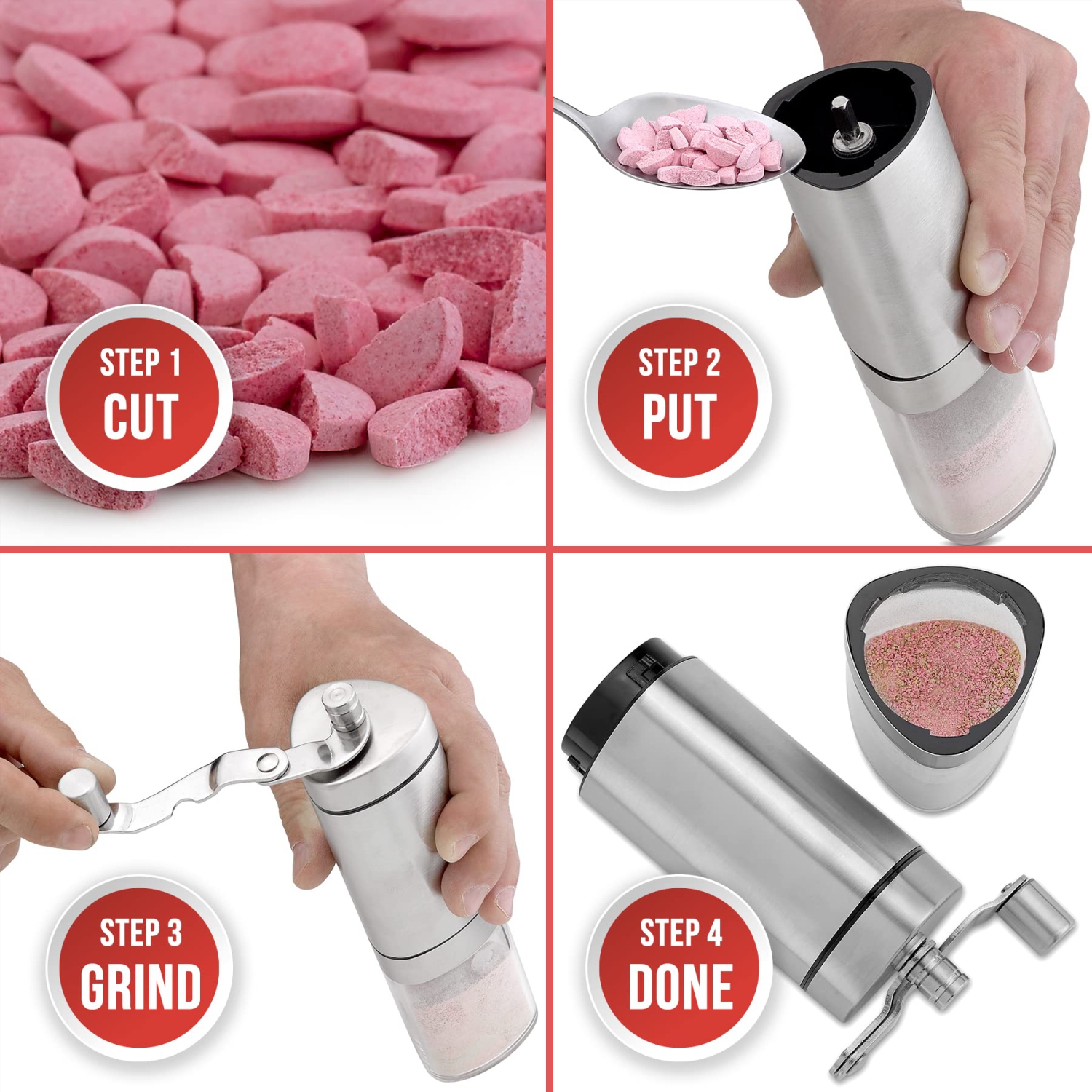 Pill Grinder - Pro Manual Pill Crusher and Cutter Crush, Grind and Pulverize Multiple Pills and Tablets to Fine Powder Use for Seniors, Feeding