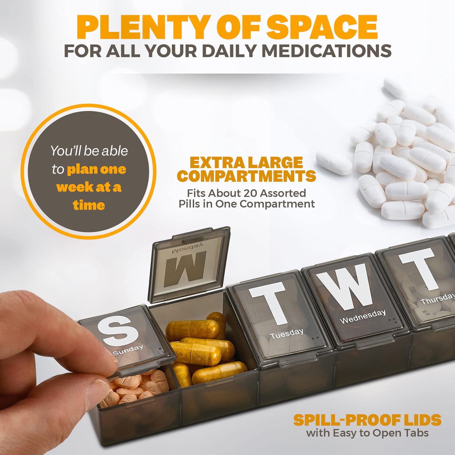 Weekly Pill Organizer - Extra Large with Easy to Read Jumbo Letters Vitamin Container, BPA Free - Daily Travel 7 Day Medication Pill Box Case,