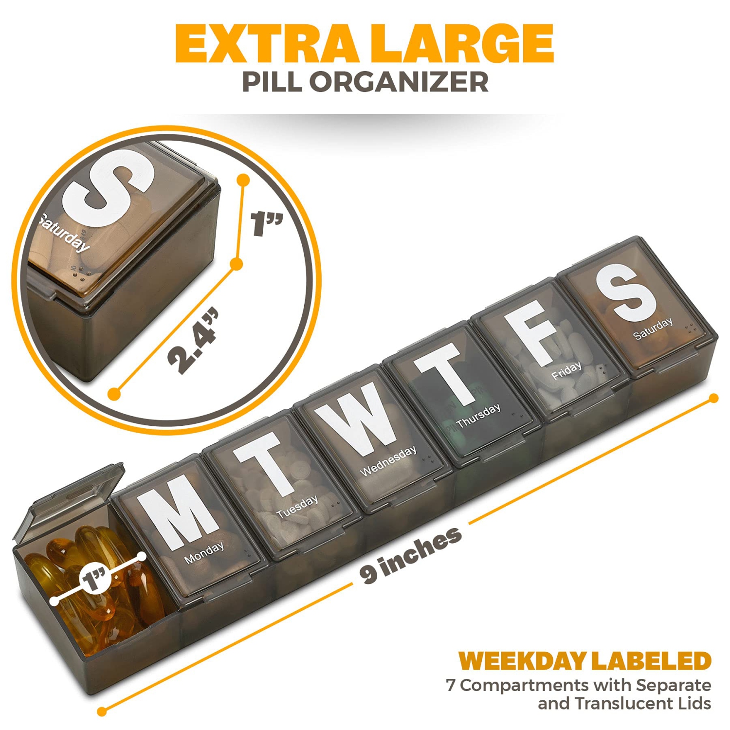 Weekly Pill Organizer - Extra Large with Easy to Read Jumbo Letters Vitamin Container, BPA Free - Daily Travel 7 Day Medication Pill Box Case,