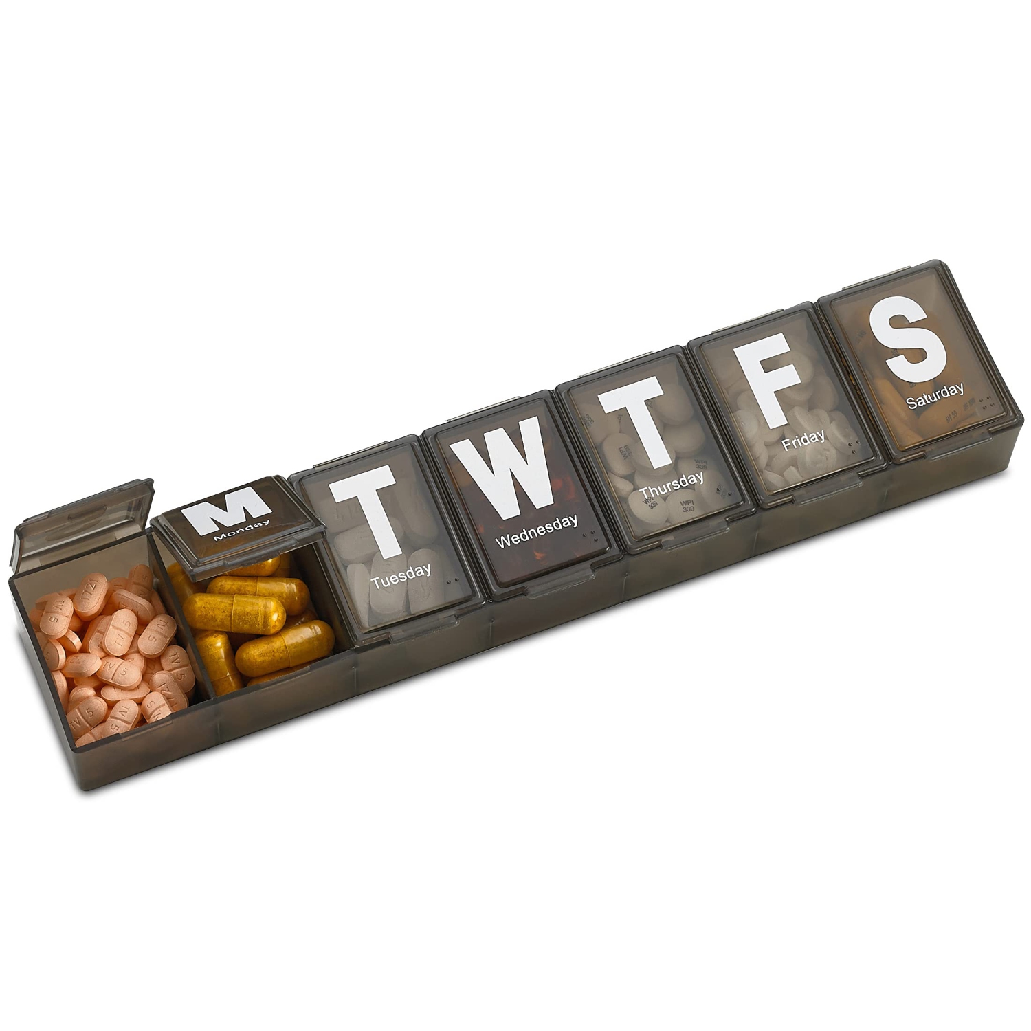 Weekly Pill Organizer - Extra Large with Easy to Read Jumbo Letters Vitamin Container, BPA Free - Daily Travel 7 Day Medication Pill Box Case,