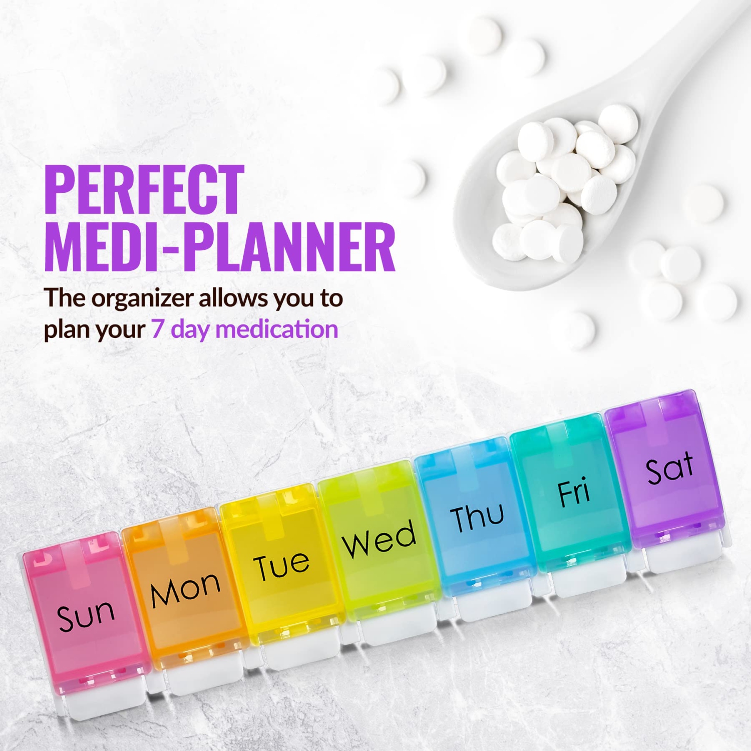 Weekly Pill Organizer - Colorful 7-Day Easy Push Button Assisted Open for Arthritis and Seniors, BPA Free, Daily Travel Pill Box Case Planner for