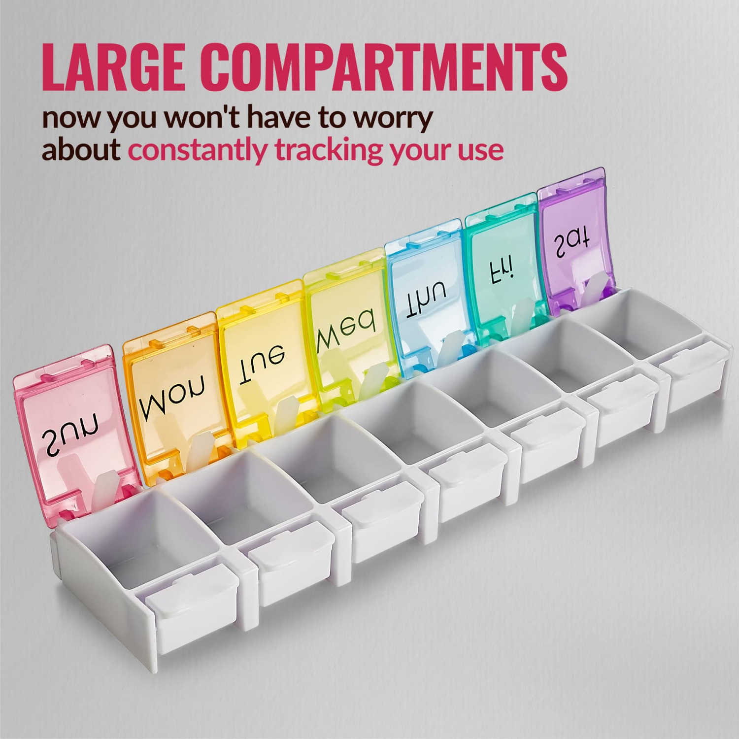 Weekly Pill Organizer - Colorful 7-Day Easy Push Button Assisted Open for Arthritis and Seniors, BPA Free, Daily Travel Pill Box Case Planner for