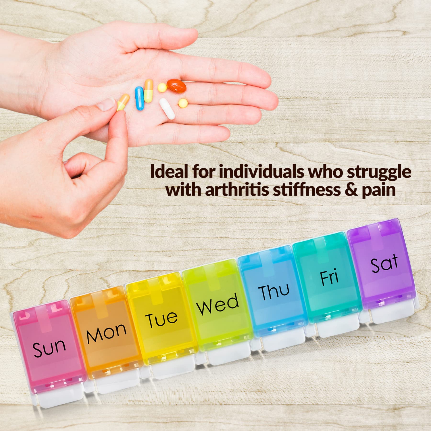 Weekly Pill Organizer - Colorful 7-Day Easy Push Button Assisted Open for Arthritis and Seniors, BPA Free, Daily Travel Pill Box Case Planner for