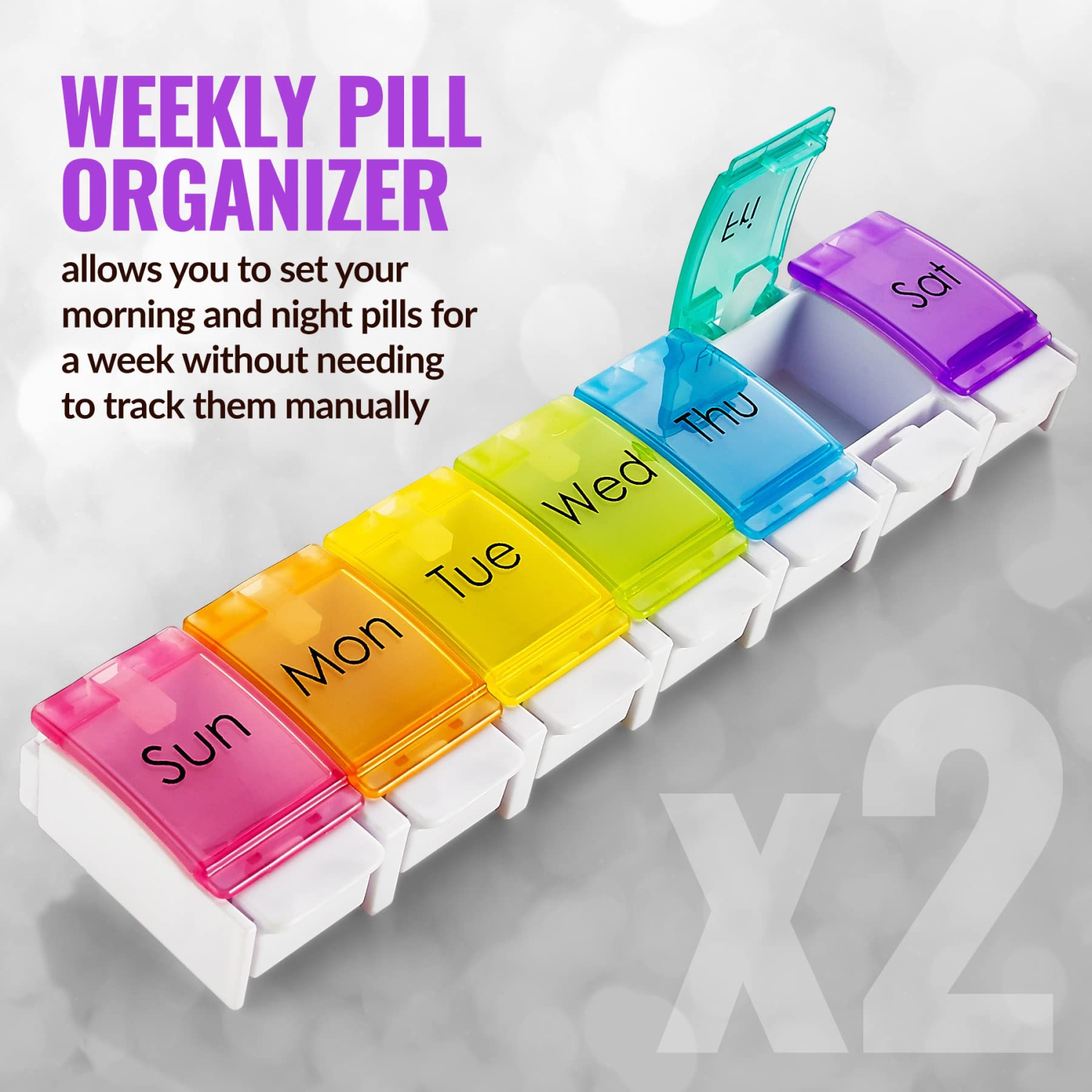Weekly Pill Organizer - Colorful 7-Day Easy Push Button Assisted Open for Arthritis and Seniors, BPA Free, Daily Travel Pill Box Case Planner for
