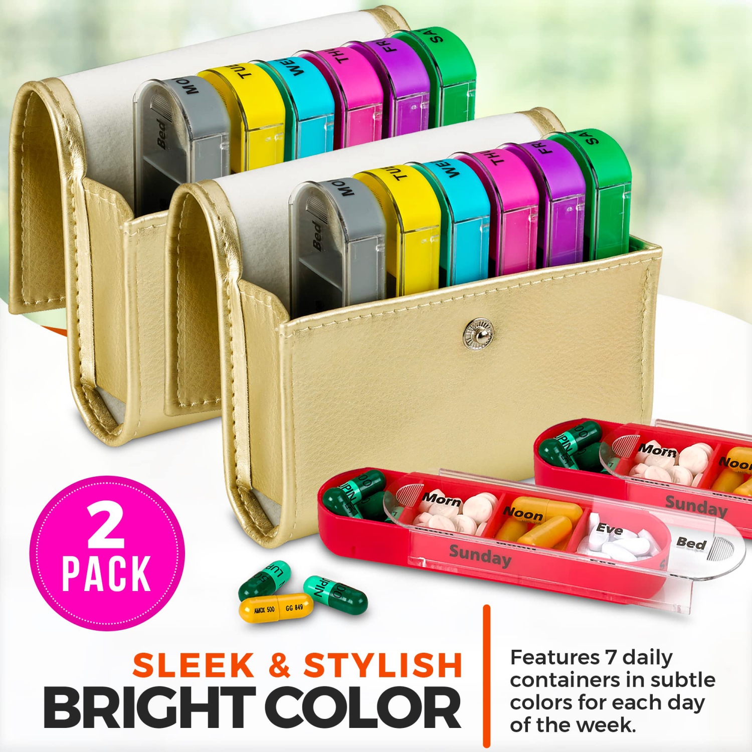 Weekly Travel Pill Organizer - Medication Wallet Pill Box Reminders, Pill Container Dispenser Case, Vitamin Caddy Organizer, for 4 Times A Day, 7