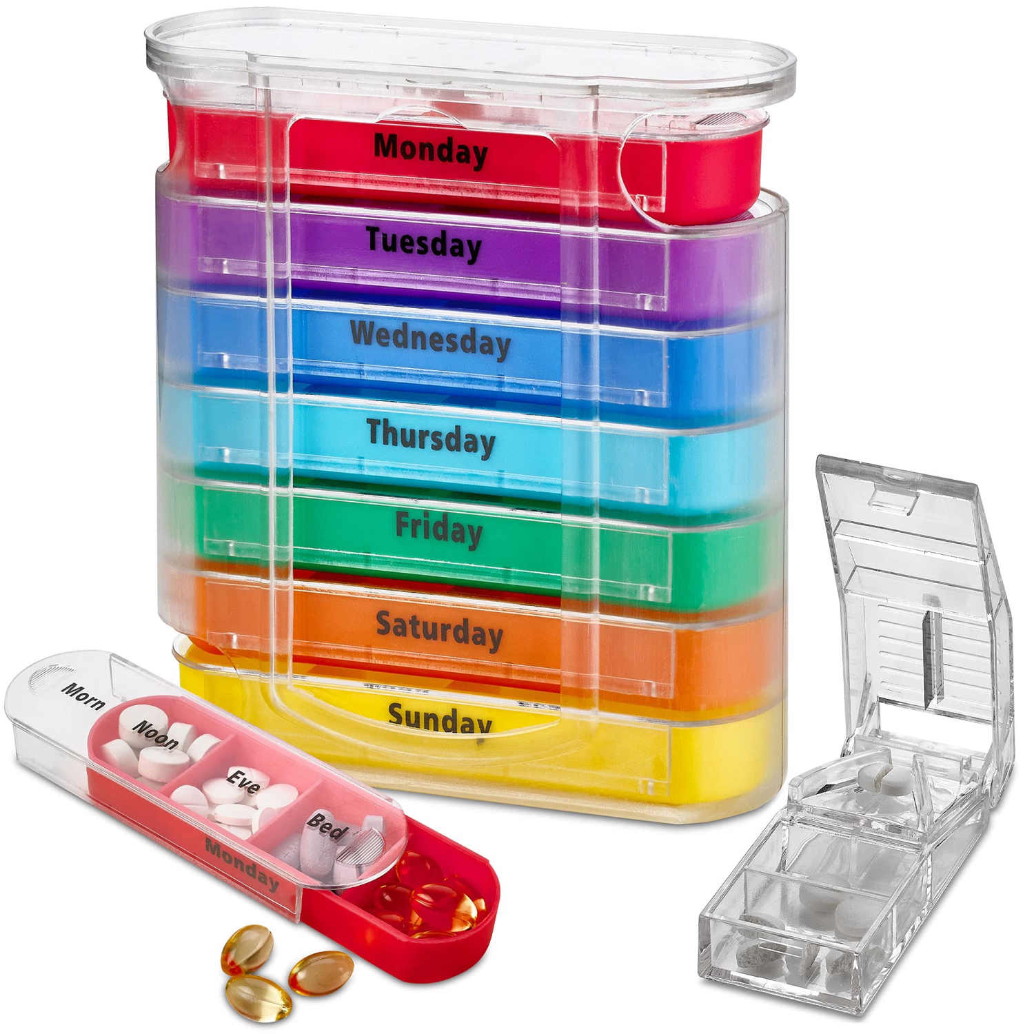 Weekly Pill Organizer with Pill Cutter - V-Grip Pill Splitter Stackable Pill Medicine, Vitamin Organizer with 4 Times-a-Day Daily Compartments, Pill Reminder with AM/PM Boxes