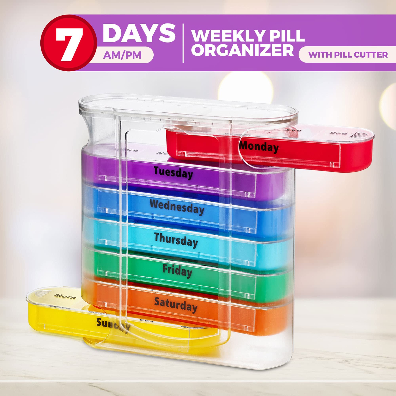 Weekly Pill Organizer with Pill Cutter - V-Grip Pill Splitter Stackable Pill Medicine, Vitamin Organizer with 4 Times-a-Day Daily Compartments, Pill
