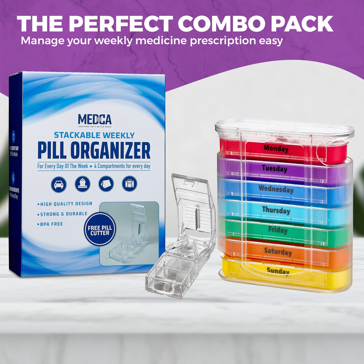 Weekly Pill Organizer with Pill Cutter - V-Grip Pill Splitter Stackable Pill Medicine, Vitamin Organizer with 4 Times-a-Day Daily Compartments, Pill