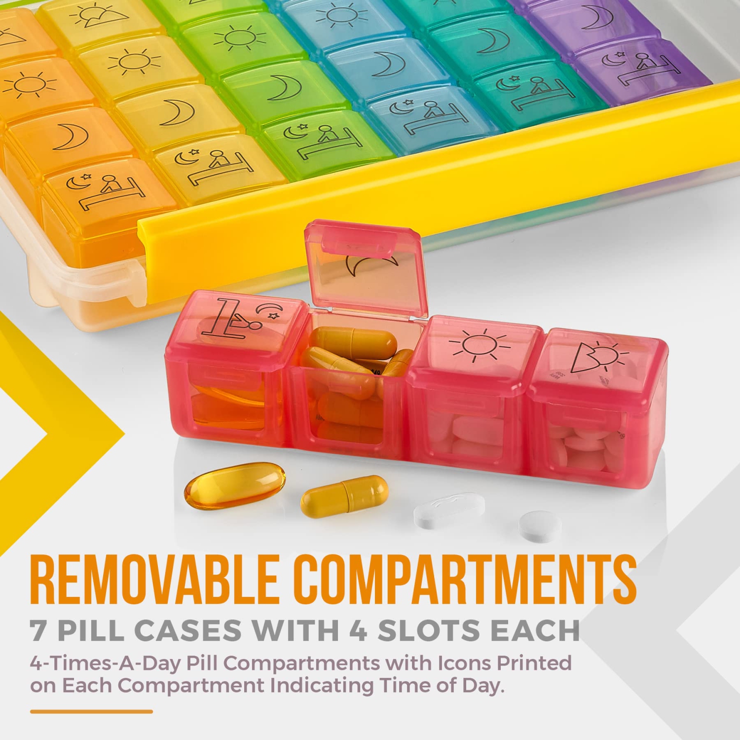 Weekly Pill Organizer - Portable 4 Times-A-Day - Water Moisture-Proof AM/PM Pill Case, Colorful 7 Day Medicine Holder Pill Box with Labels for