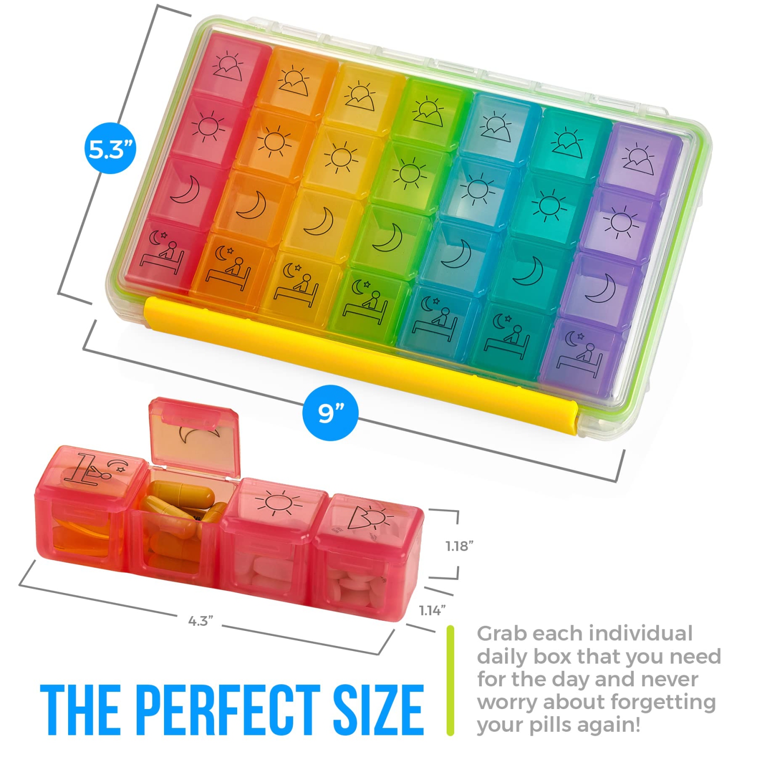 Weekly Pill Organizer - Portable 4 Times-A-Day - Water Moisture-Proof AM/PM Pill Case, Colorful 7 Day Medicine Holder Pill Box with Labels for