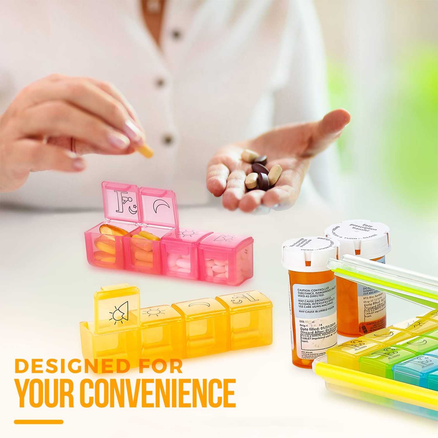 Weekly Pill Organizer - Portable 4 Times-A-Day - Water Moisture-Proof AM/PM Pill Case, Colorful 7 Day Medicine Holder Pill Box with Labels for