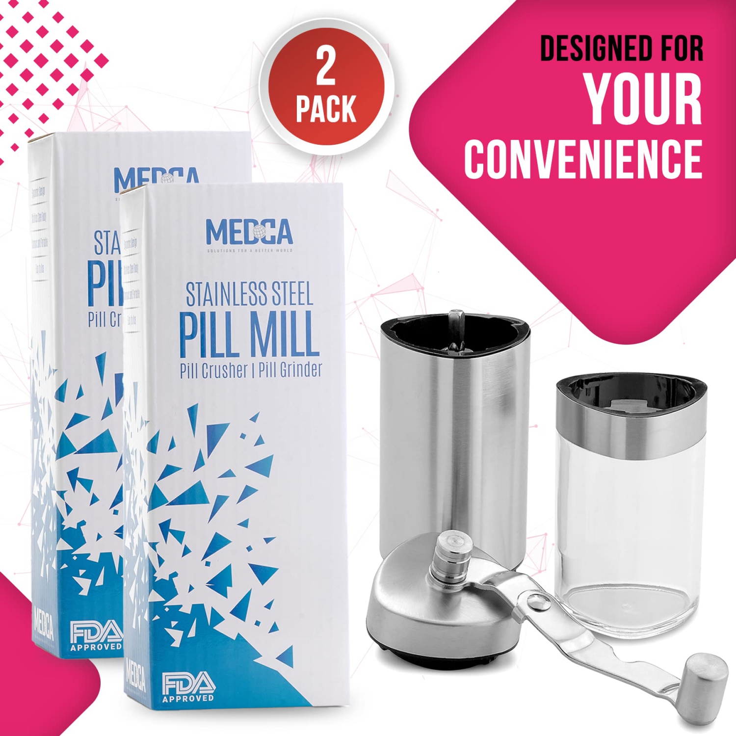 Pill Grinder - 2 Pack Pro Manual Pill Crusher and Cutter Crush, Grind Multiple Pills and Tablets to Fine Powder Use for Seniors, Feeding Tubes, Kids