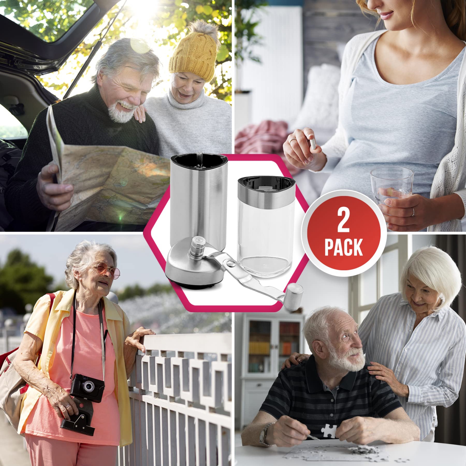 Pill Grinder - 2 Pack Pro Manual Pill Crusher and Cutter Crush, Grind Multiple Pills and Tablets to Fine Powder Use for Seniors, Feeding Tubes, Kids