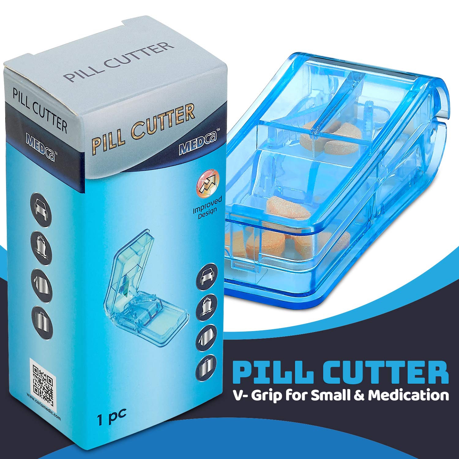 Pill Cutter - V- Grip Pill Crusher and Cutter for Vitamins, Big & Small Pills, and Medication - Transparent Pill Splitter with Pill Holder Case to