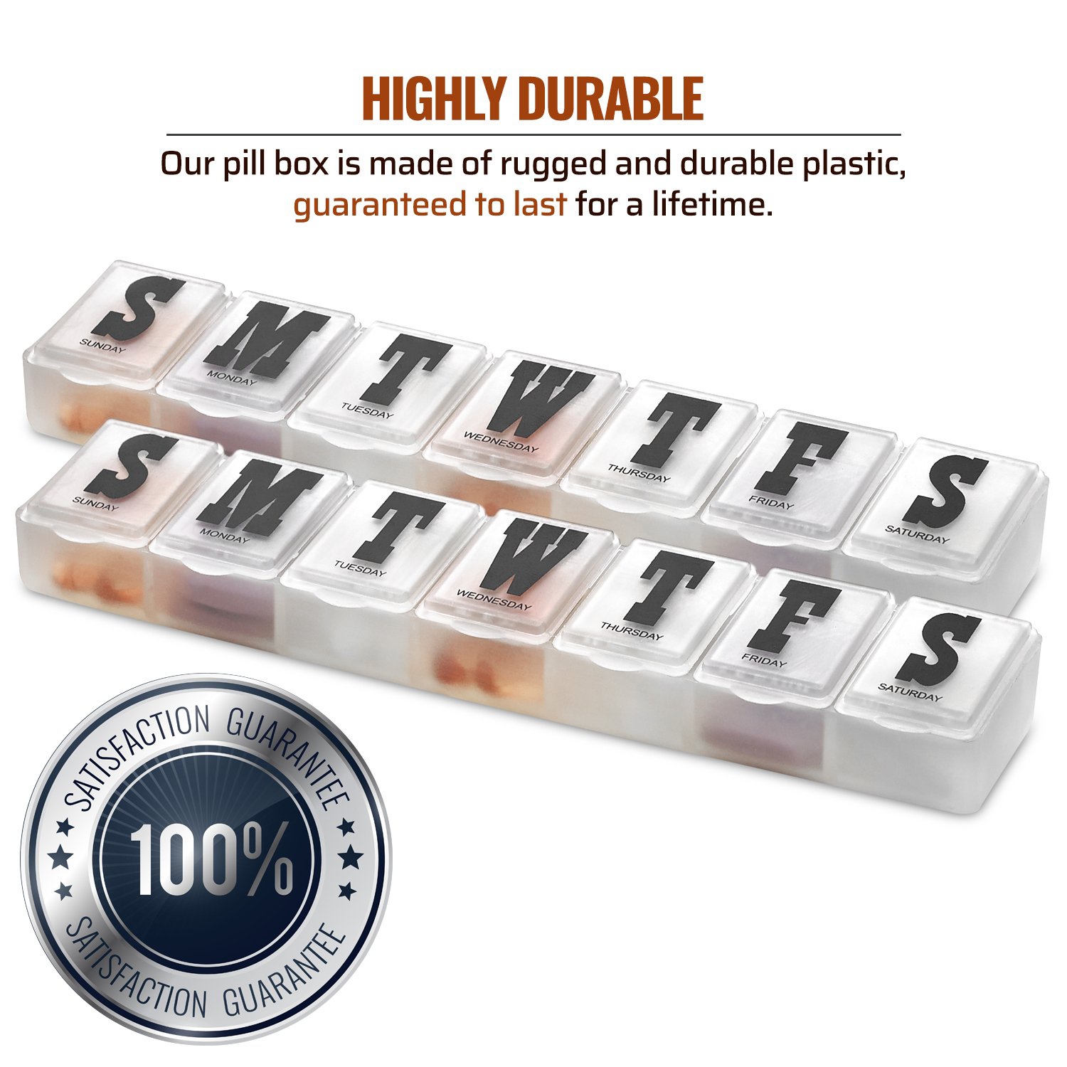 Weekly Pill Organizer - Pack of 2 - Pill Planner to Separate Pills & Vitamins Each Week, Medication Reminder Daily Monday to Sunday