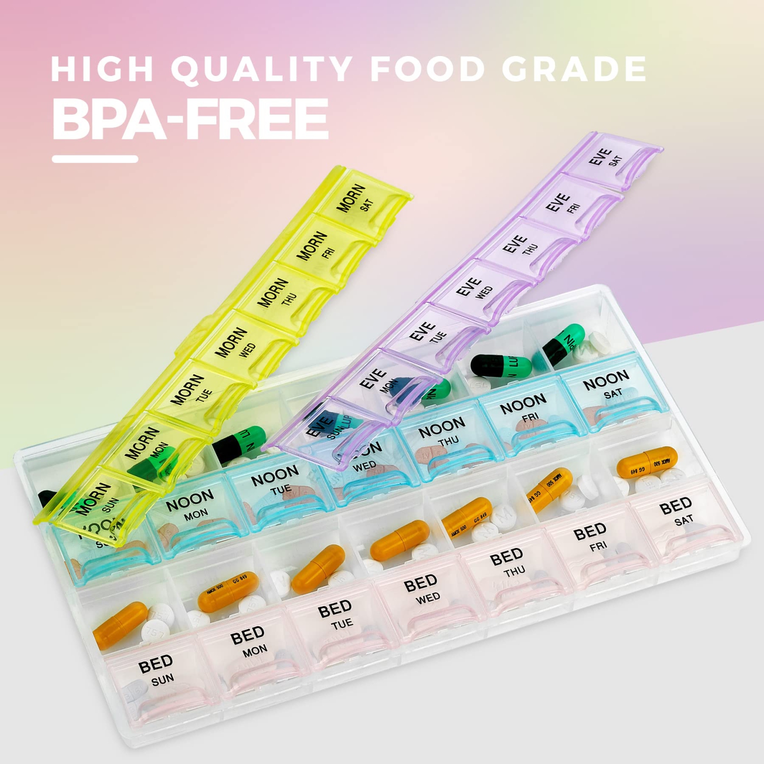 Pilulier - Grand pilulier avec compartiments hebdomadaires et quotidiens 4 fois Par jour pour le matin, le midi, le soir, la nuit - sans BPA,