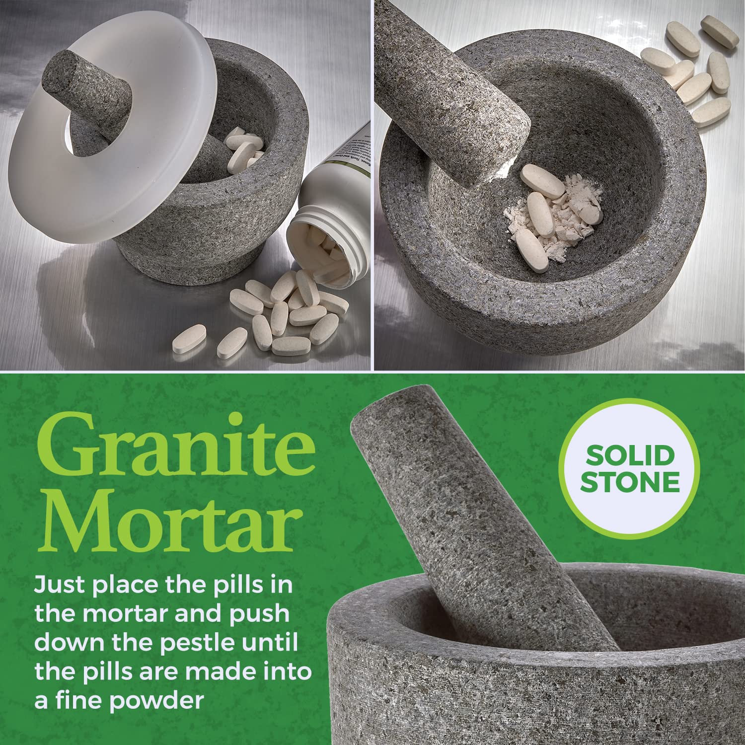 Granite Mortar and Pestle Pill Crusher Set - Easy Grip Non-Slip Stone Muddler & Deep Bowl with Silicone Lid - Grinder for Pills, Tablets, Vitamins or