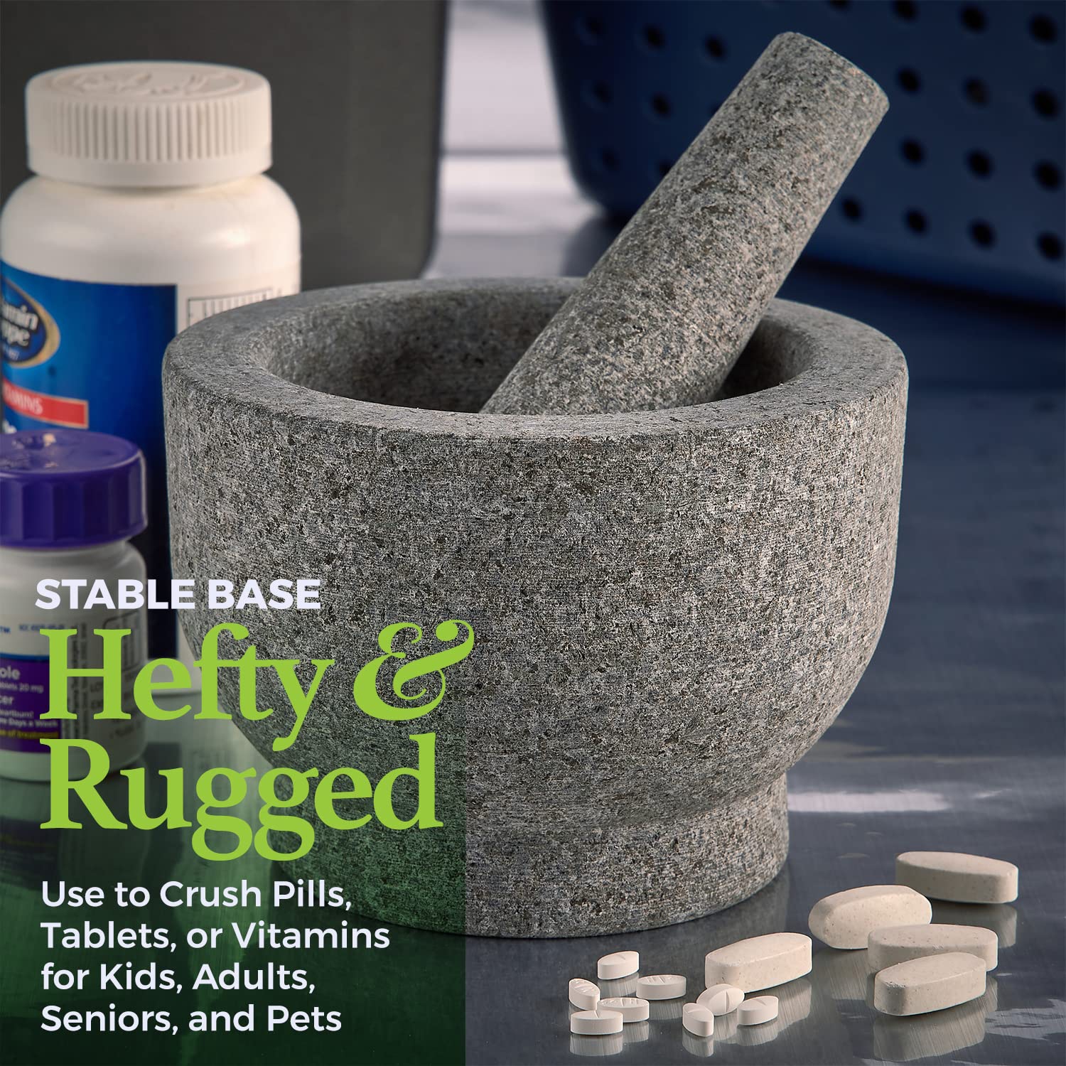 Granite Mortar and Pestle Pill Crusher Set - Easy Grip Non-Slip Stone Muddler & Deep Bowl with Silicone Lid - Grinder for Pills, Tablets, Vitamins or