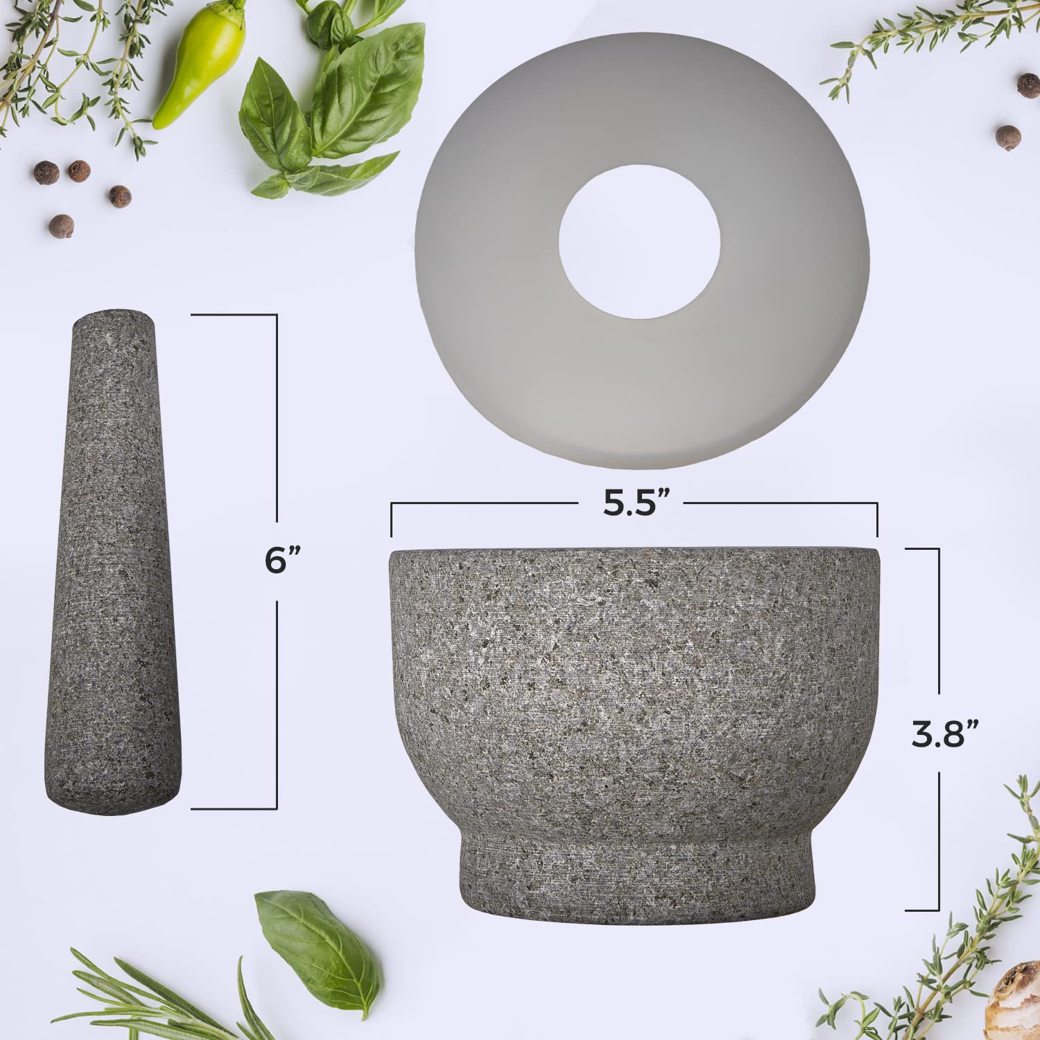 Granite Mortar and Pestle Pill Crusher Set - Easy Grip Non-Slip Stone Muddler & Deep Bowl with Silicone Lid - Grinder for Pills, Tablets, Vitamins or